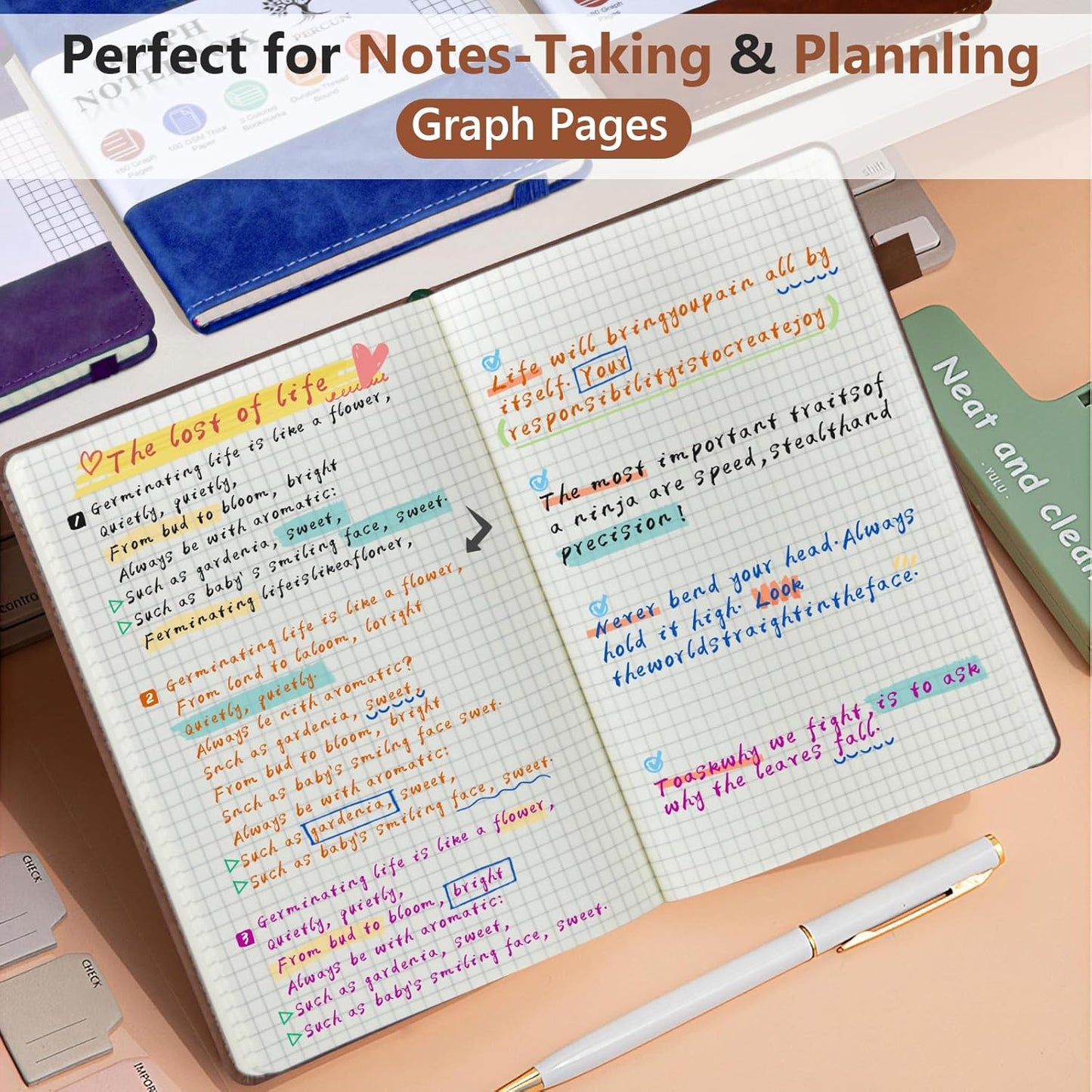 PERCUN Graph Paper Notebook, 160 Pages Grid Journal for women & men, A5 Hardcover Leather Graphing Notebook for School, Work, Travel, Note Taking 5.9”x8.5” (Brown)