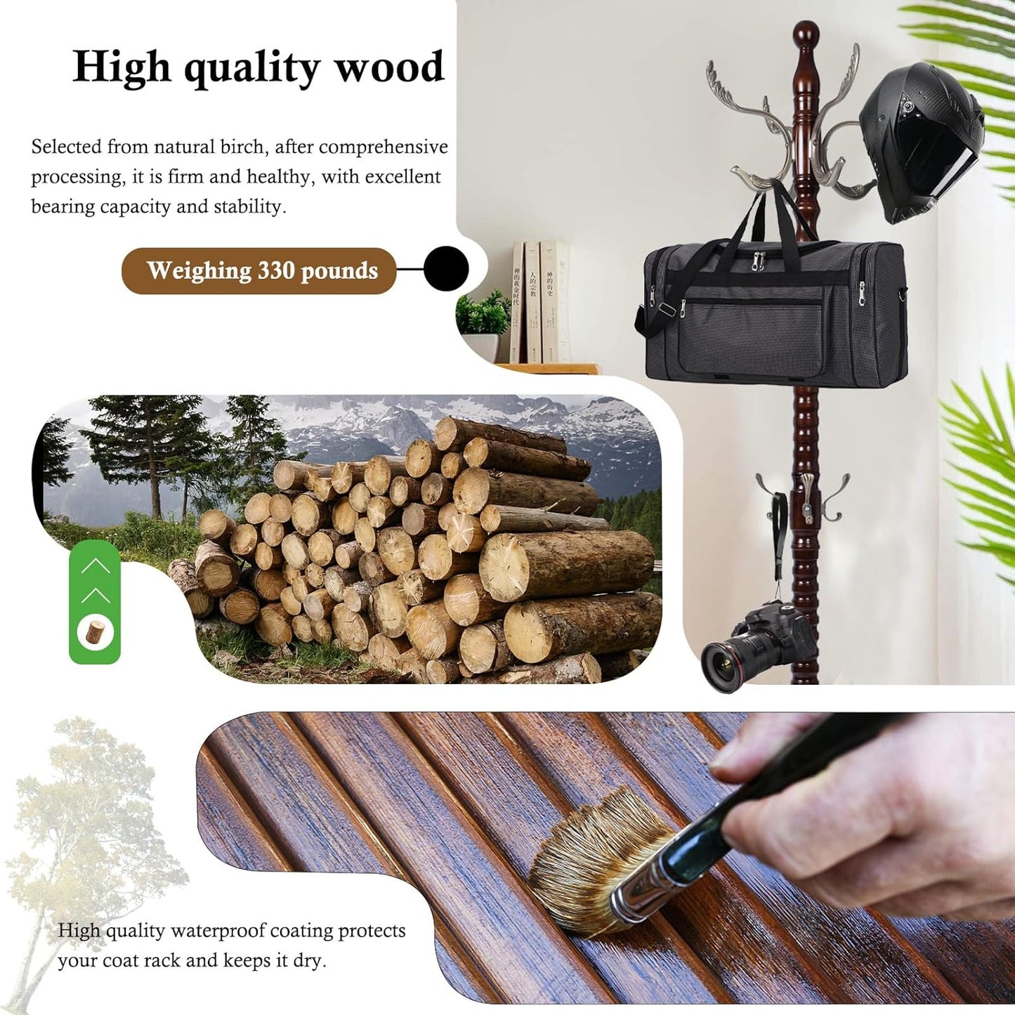 Coat Rack Stand, Solid Wooden Coat Tree with 14 Hooks, Heavy Duty Coat Rack Freestanding with Sturdy Round Base, Natural Birch Wood Coat Hanger Stand for Entryway Bedroom (Metal hook)