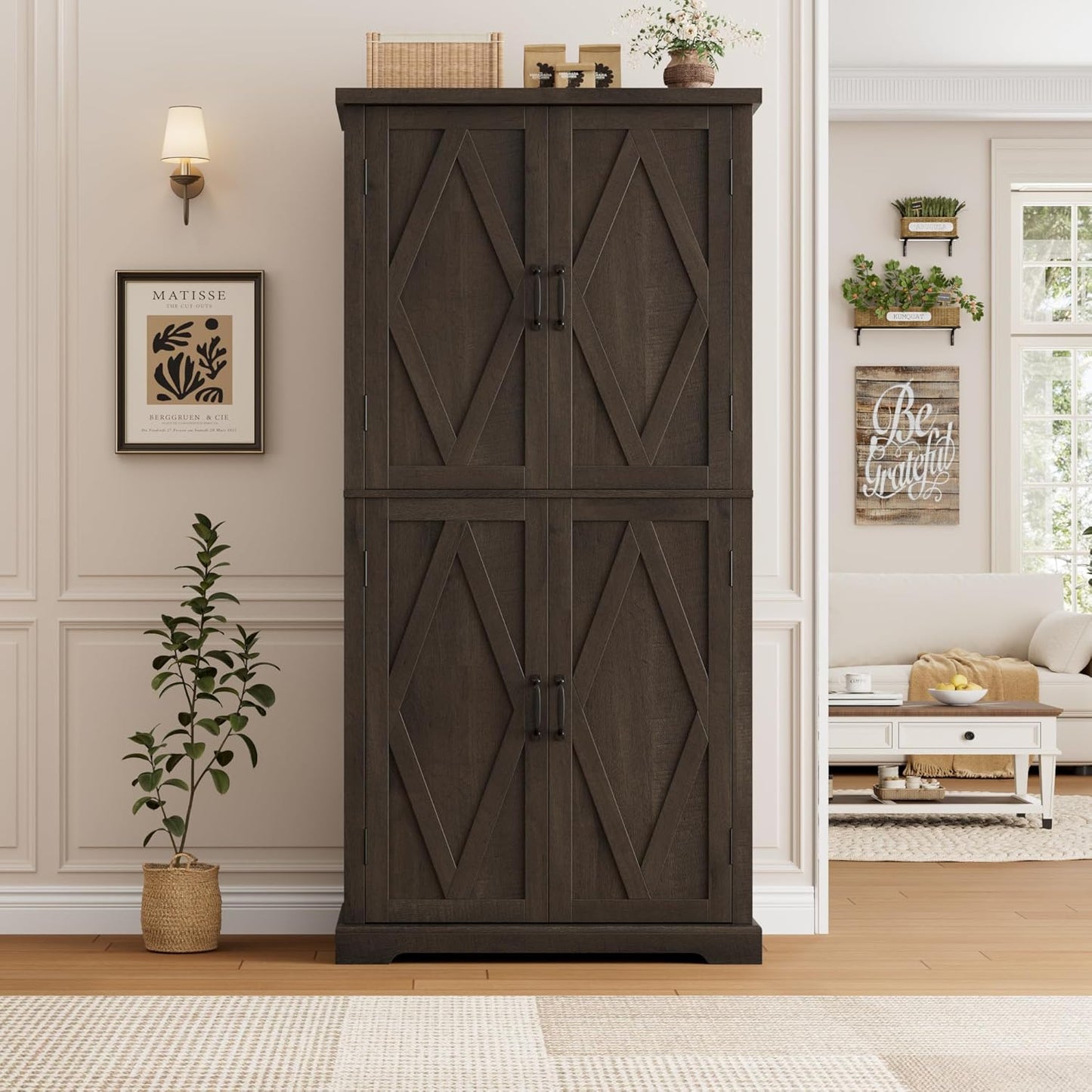HOSTACK 64" Tall Pantry Cabinet, Modern Farmhouse Kitchen Pantry, Wood Bathroom Storage Cabinet, Large Bookcase, 4 Doors|Adjustable Shelves, for Dining Room, Living Room, Home Office, Dark Brown