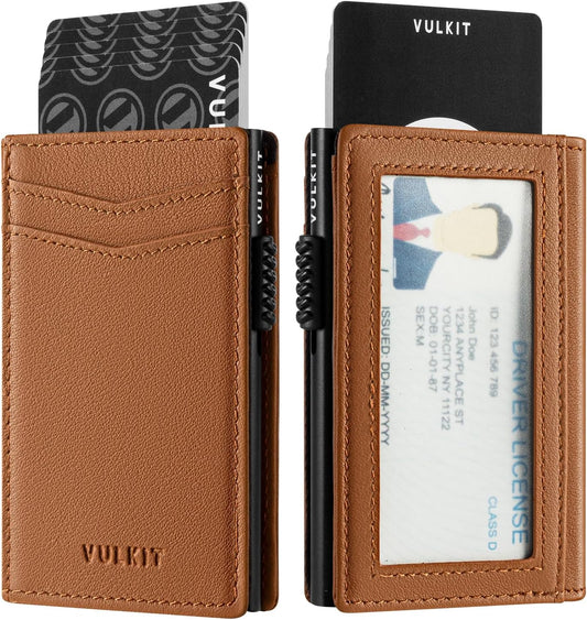 VULKIT Men's Wallet with ID Window Top Grain Leather RFID Blocking Minimalist Wallet Pop Up Card Holder Magnetic Closure