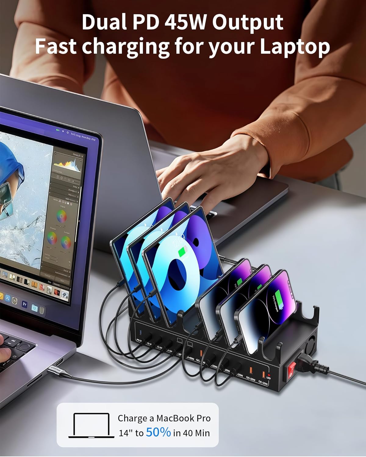 360W Charging Station for Multiple Devices, 12-Port USB C Charging Station with Double 45W PD PPS Port, Multi Device Fast Charger Dock for MacBook Pro Laptop, iPhone, iPad, Tablet, Android Cell Phone