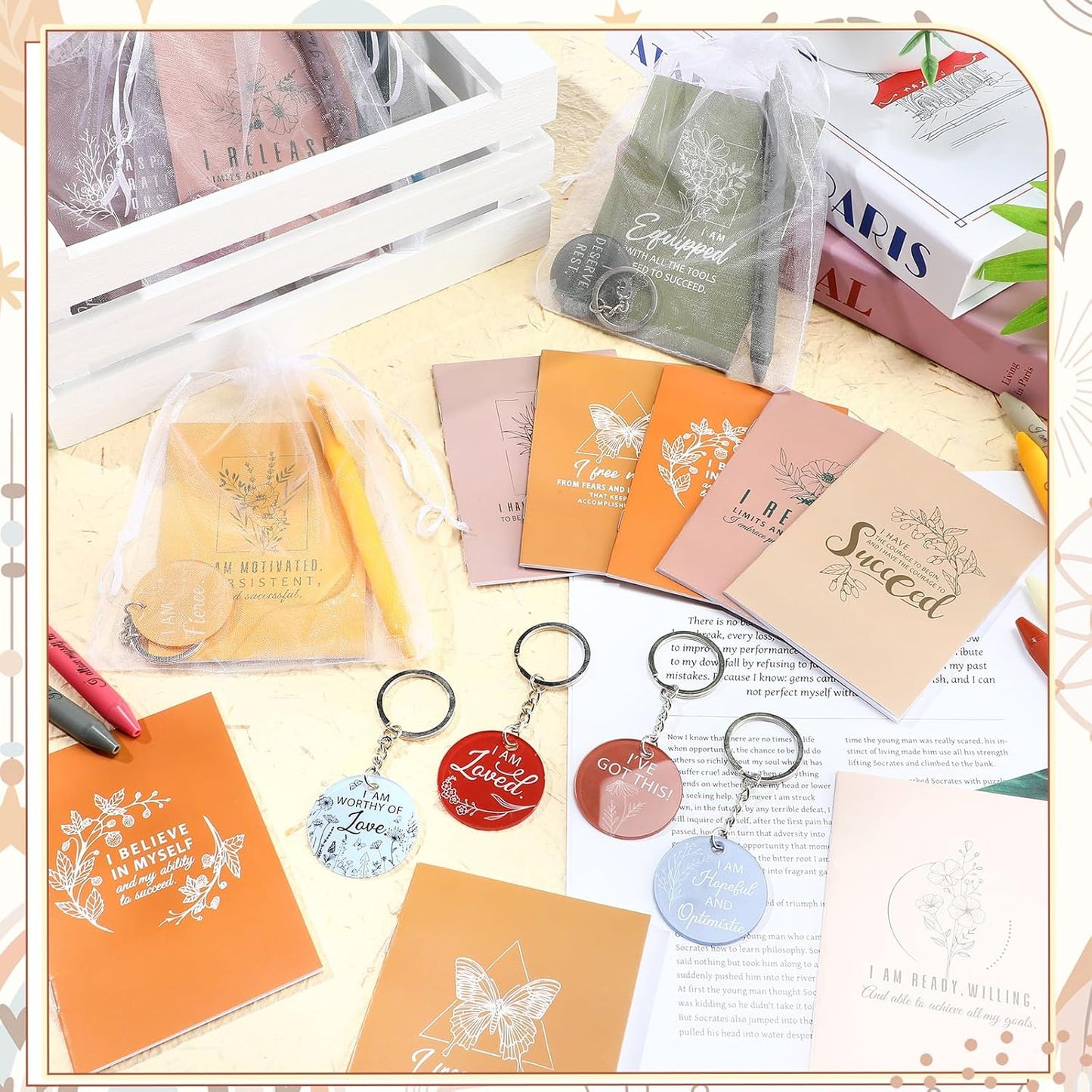72 Pcs/24 Set Positive Affirmation Gift Set Gratitude Notebooks with Affirmation Pens Acrylic Keychains Small Bags Motivational Notepads for Women Coworkers Adults Party Favors (Vibrant)