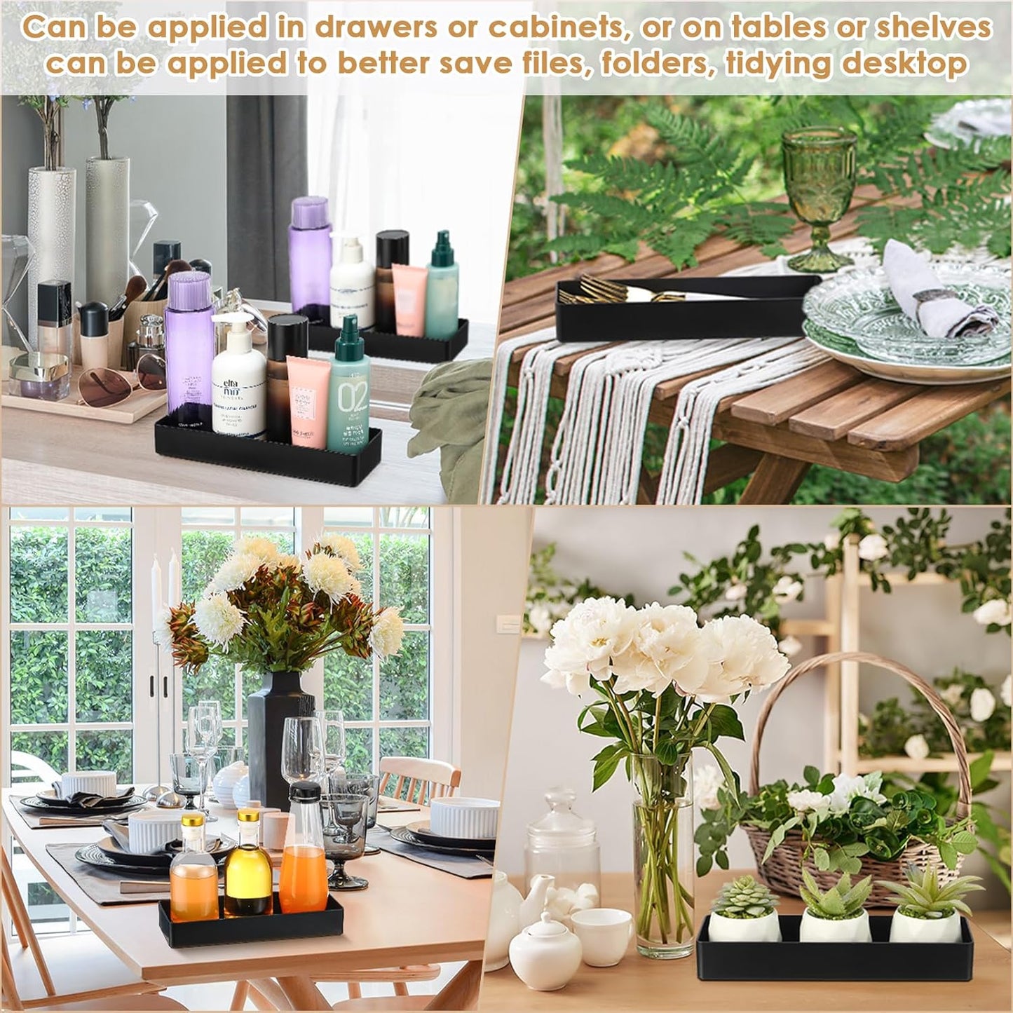 Teling 4 Pcs 4 Piece Large Black Rectangular Desk Organizer Set, Half Accessory Tray, Plastic Tabletop Organizer for Office, Home, or Study, Dimensions: 9.45 x 2.95 x 1.38 Inches