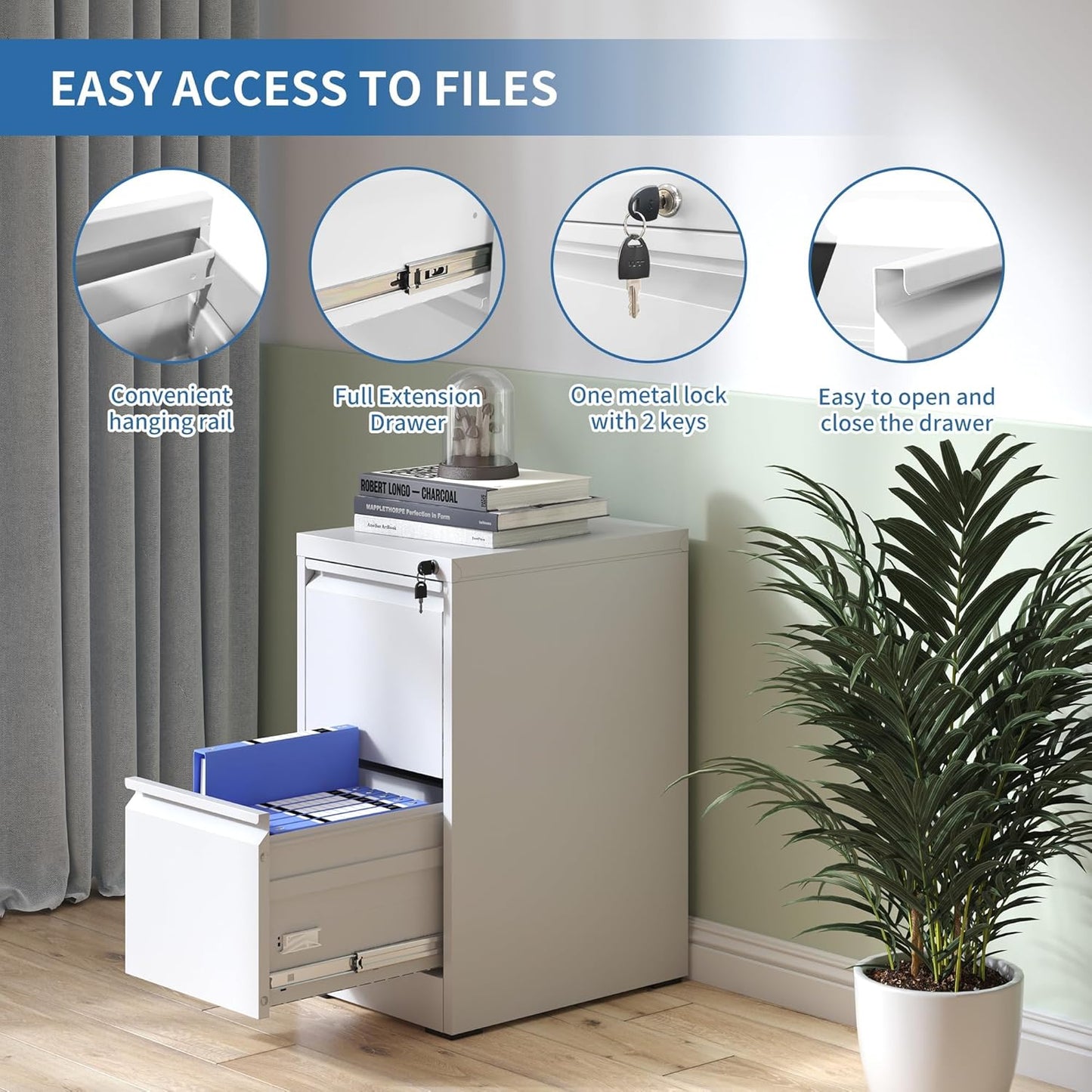 2 Drawer File Cabinet with Lock, Steel Vertical Filing Cabinets for Home Office, Small Metal Storage Cabinet for Hanging Legal/Letter Size Files, Assembly Required (White)