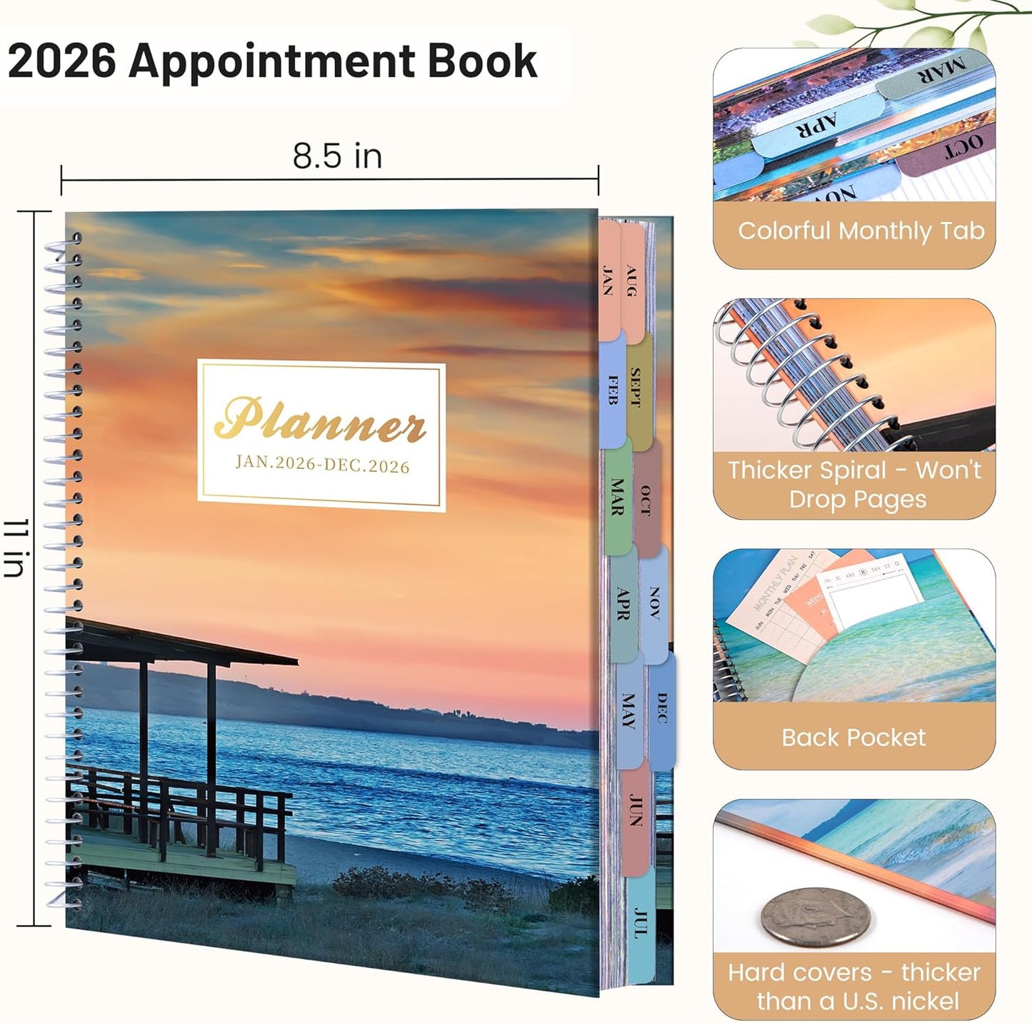 CAGIE Planner 2026 Monthly (Jan. 26-Dec. 26), 12 Month Academic Planner 8.5"x11", Large Daily Planner with Hourly Timeslot, Monthly Tab, Spiral Binding, Bookmark