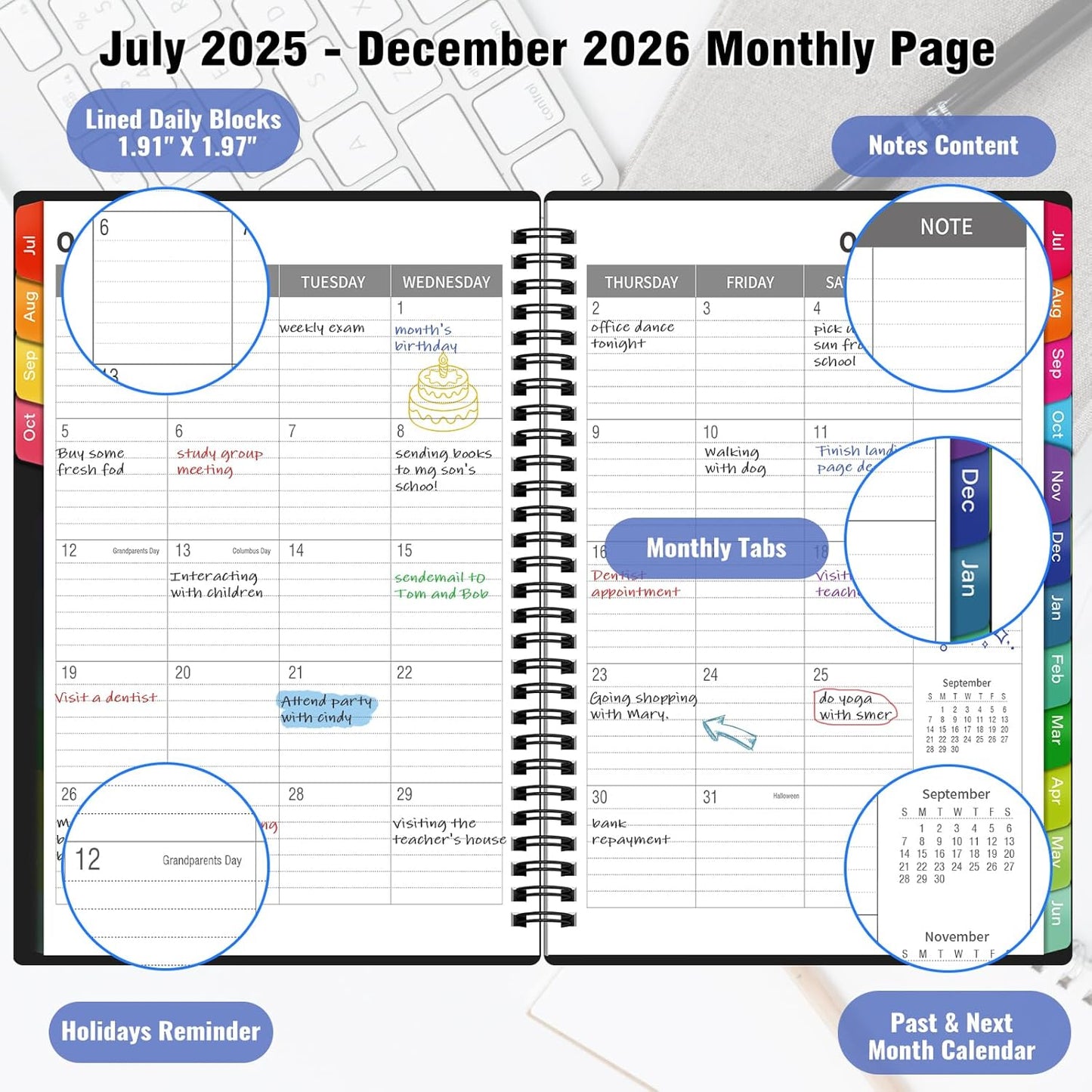 Monthly Planner 2025-2026(7.4'' x 10''), 18 Months Academic Calendar Planner with Tabs & Pocket, Holidays, Note Pages, Time Management and Hit Your Goals, July 2025 - December 2026, 120GSM Thick Paper