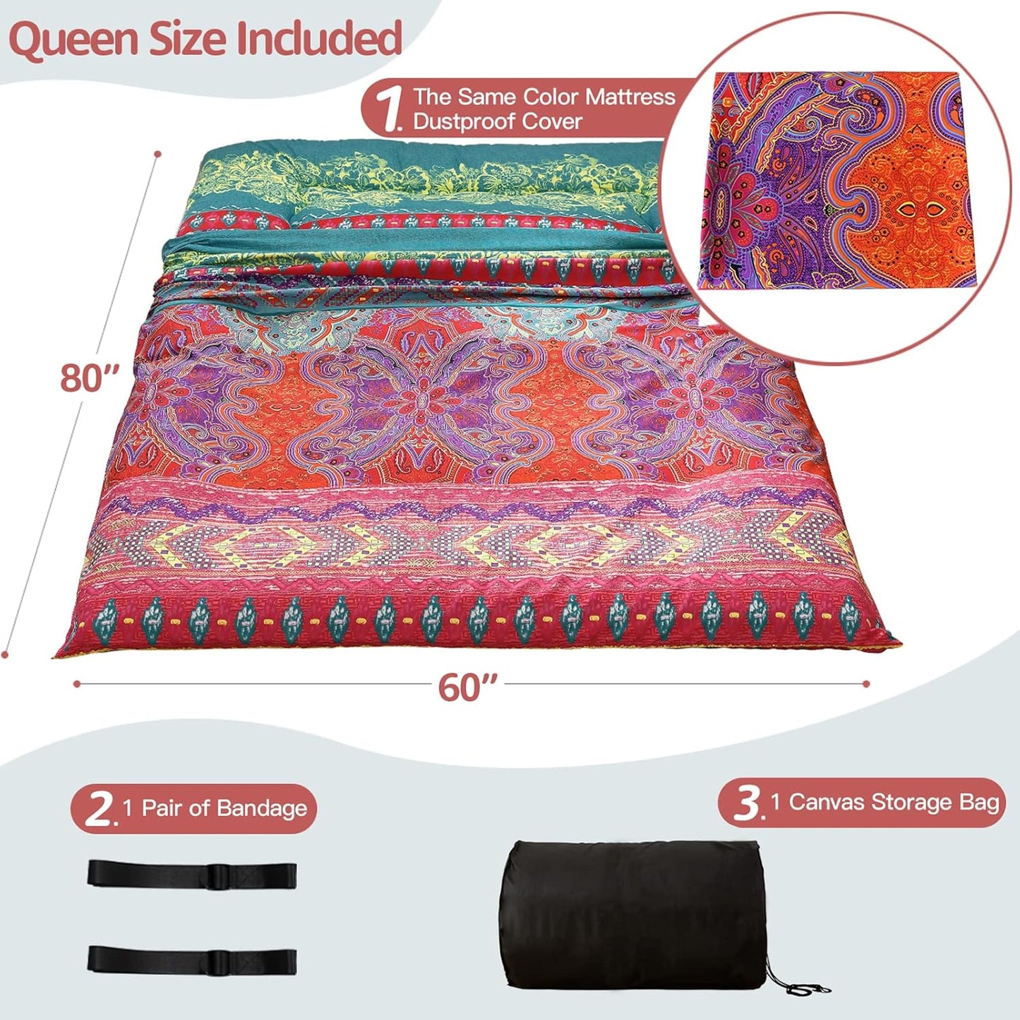 MAXYOYO Bohemian Futon Floor Mattress Boho Floral Style Japanese Tatami Mat Foldable Bed Portable Camping Sleeping Pad Lounger Couch Bed, Queen