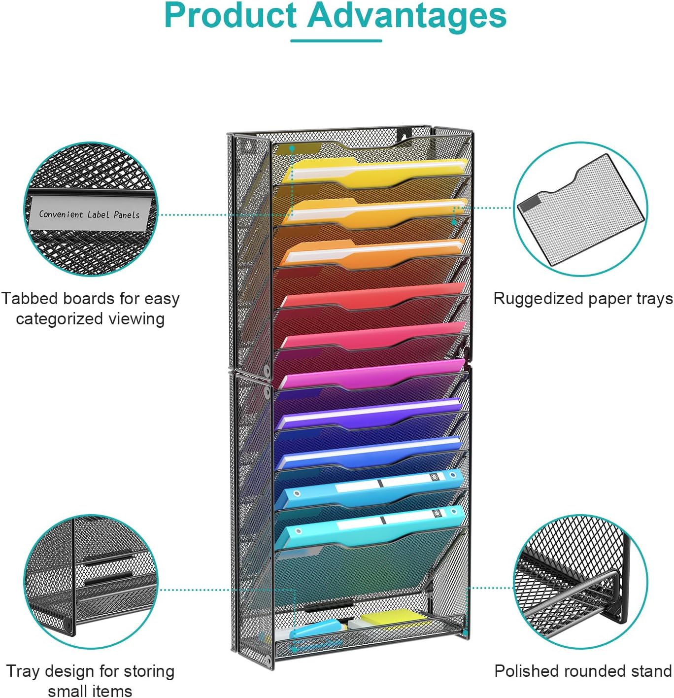 12 Tier Wall File Organizer, Mesh Letter Magazine Mail Wall File Holder Rack Hanging File Organizer With Flat Tray For Office Home, Black