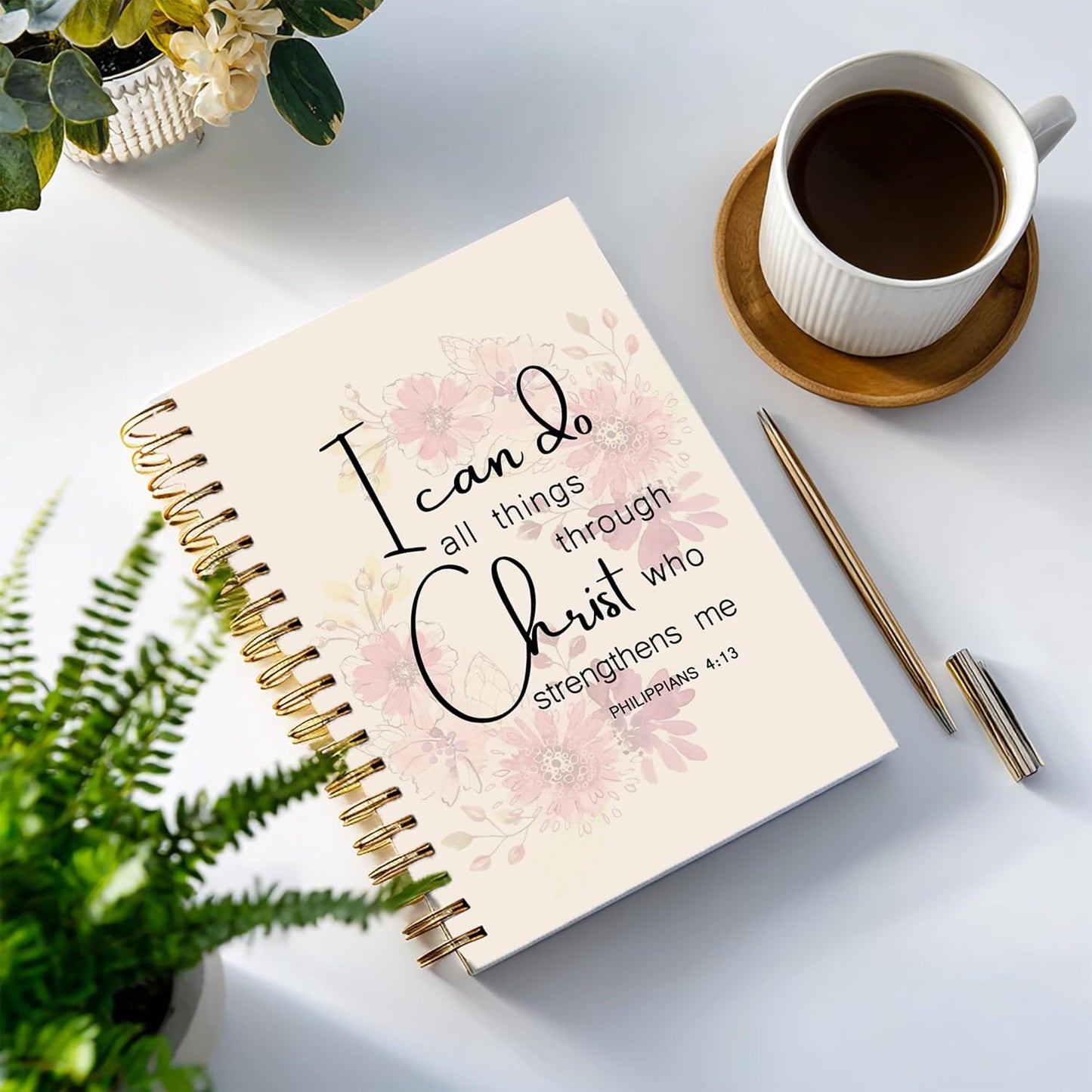 Bible Notebook, A5 Spiral Christian Journal with Pink Floral Notebook, Bible Verse-I Can Do All Things Through Christ Who Strengthens Me, Inspirational Notebooks for Women, Gift for Birthday Christmas