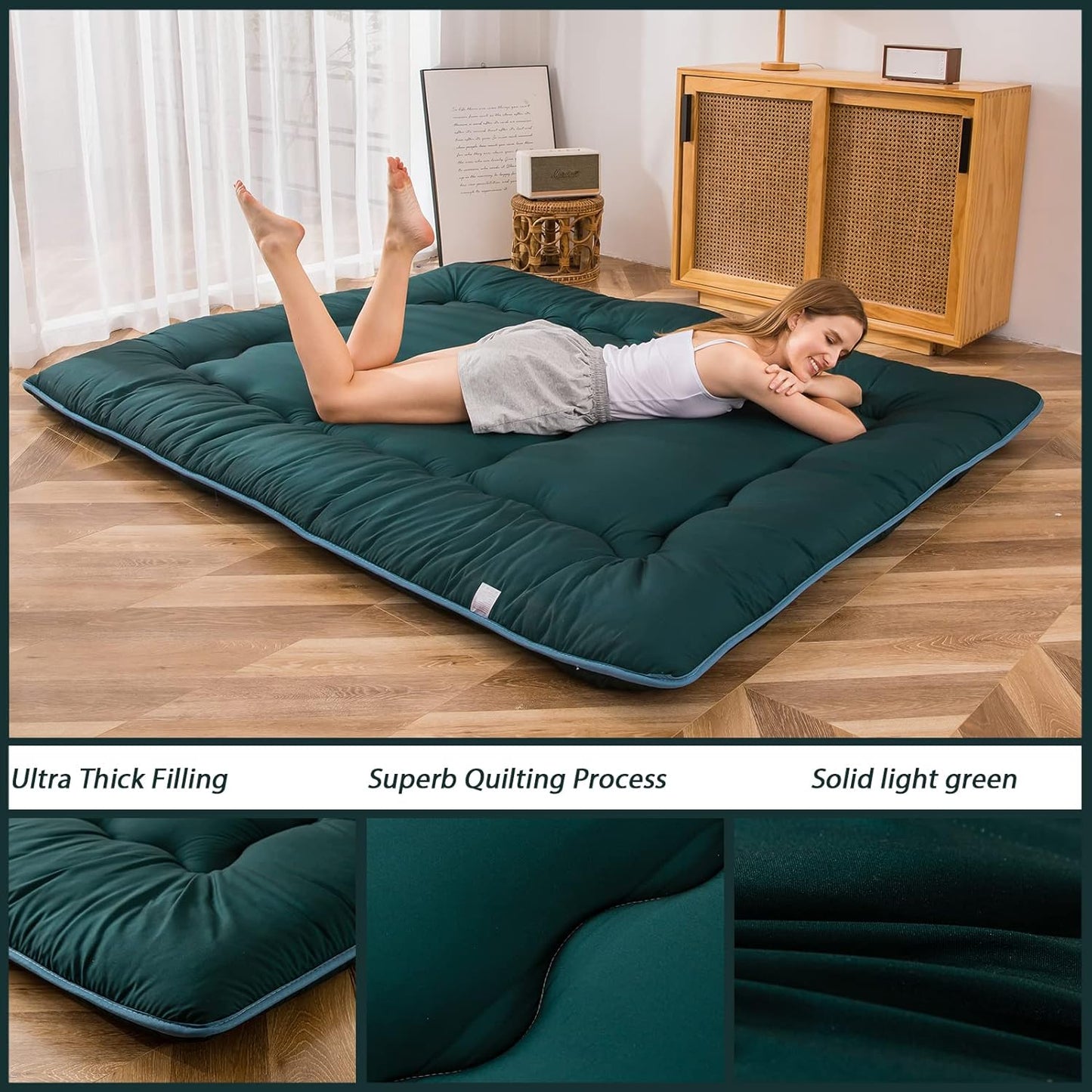 MAXYOYO Japanese Floor Mattress Futon Mattress, Thicken Sleeping Pad Foldable Roll Up Floor Futon for Adults Tatami Mat Dormitory Bed Lounger, Dark Green, Full Size