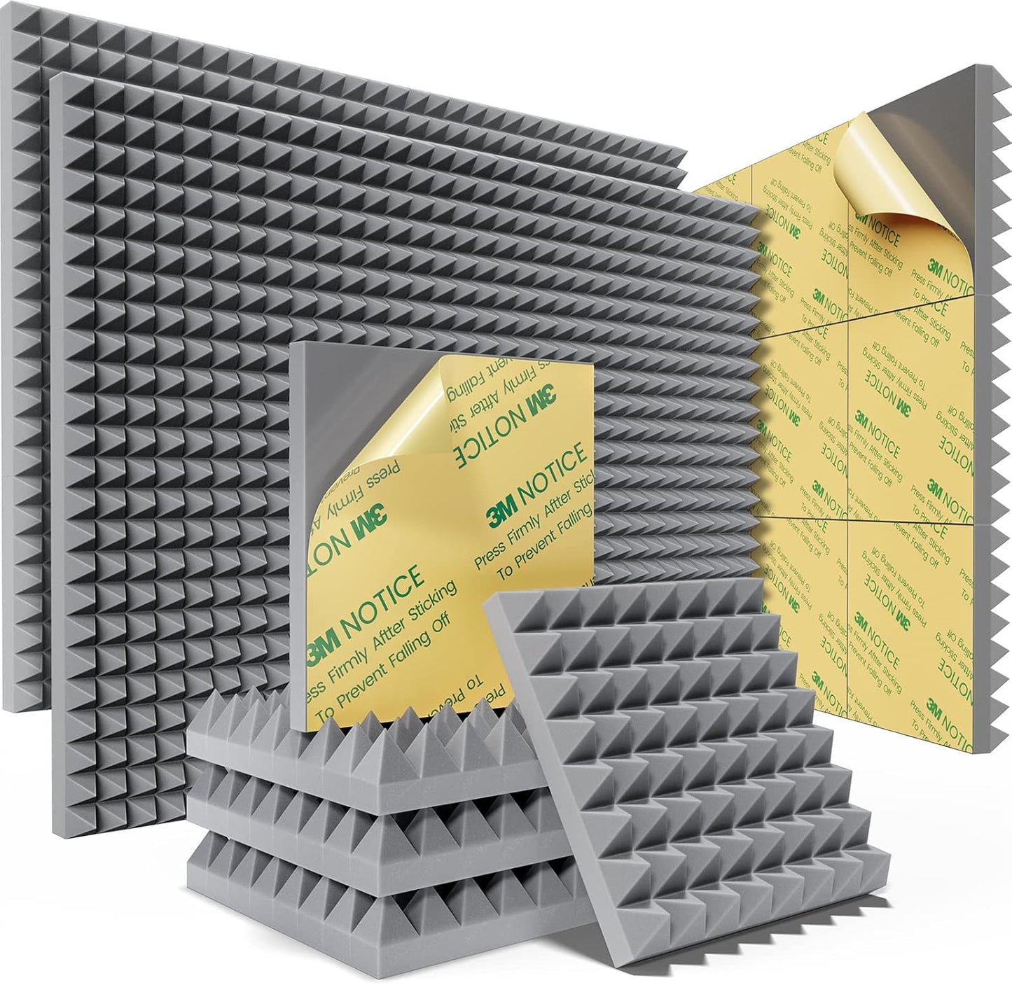 Sonicism Acoustic Panels Self-Adhesive Pyramid 36 Pack,12" X 12" X 2"Sound Proof Foam Panels for Walls Fast Expand 35kg/m³High Density Soundproof Wall Panels,Sound Absorption and Decoration Gray