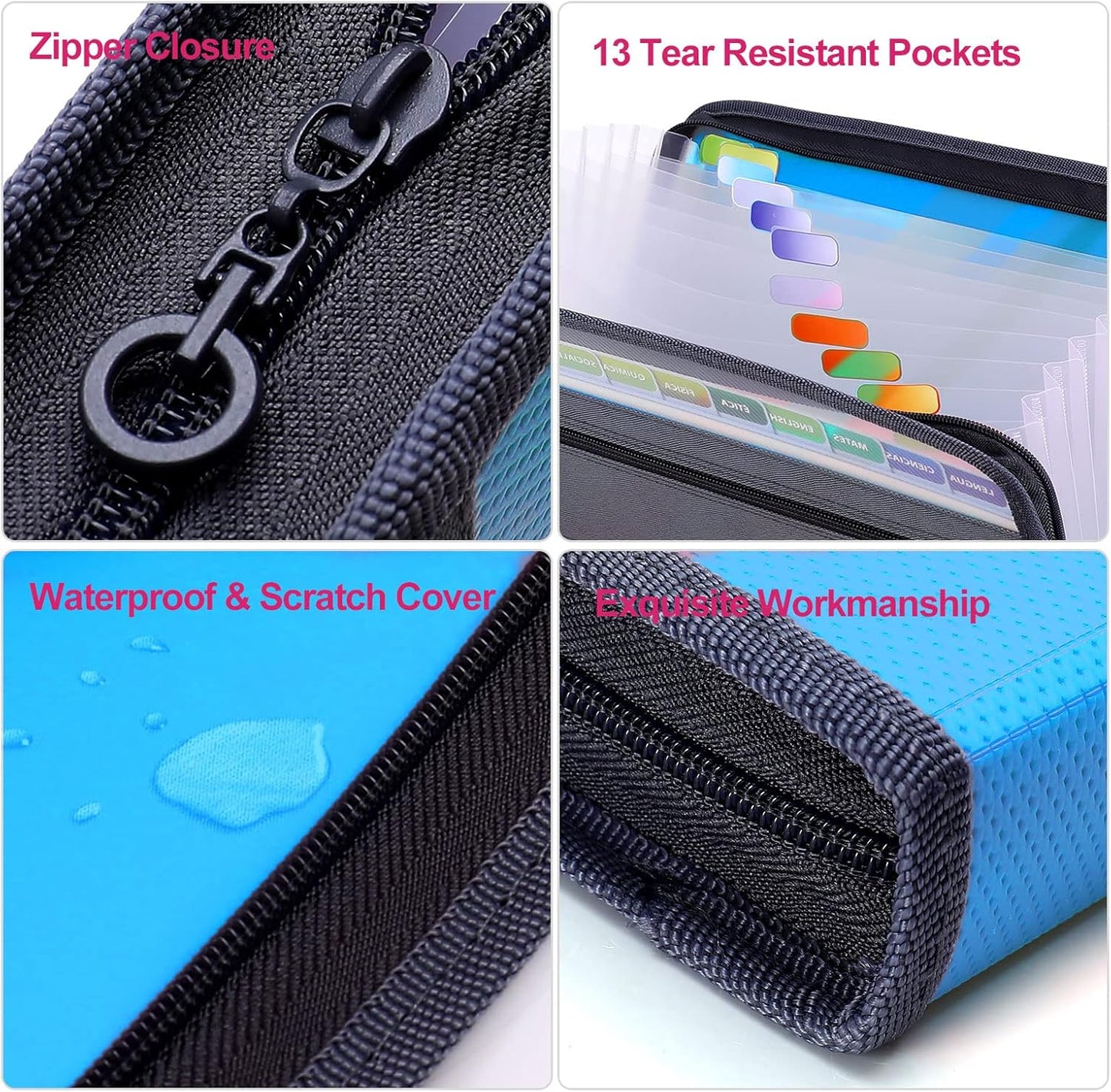 MEGREZ A4 Paper File Folder with 13 Pockets, Accordion File Folder with Zipper File Folder Organizer for Office, Waterproof Expanding File Folder with Tabs, Pink & Blue(2 Packs)