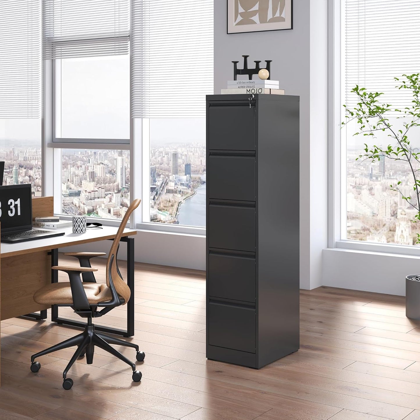 5 Drawer File Cabinet, Metal Vertical Filing Cabinets for Home Office, Steel Storage Cabinet for Hanging Legal/Letter Size Files, Assembly Required (Black)