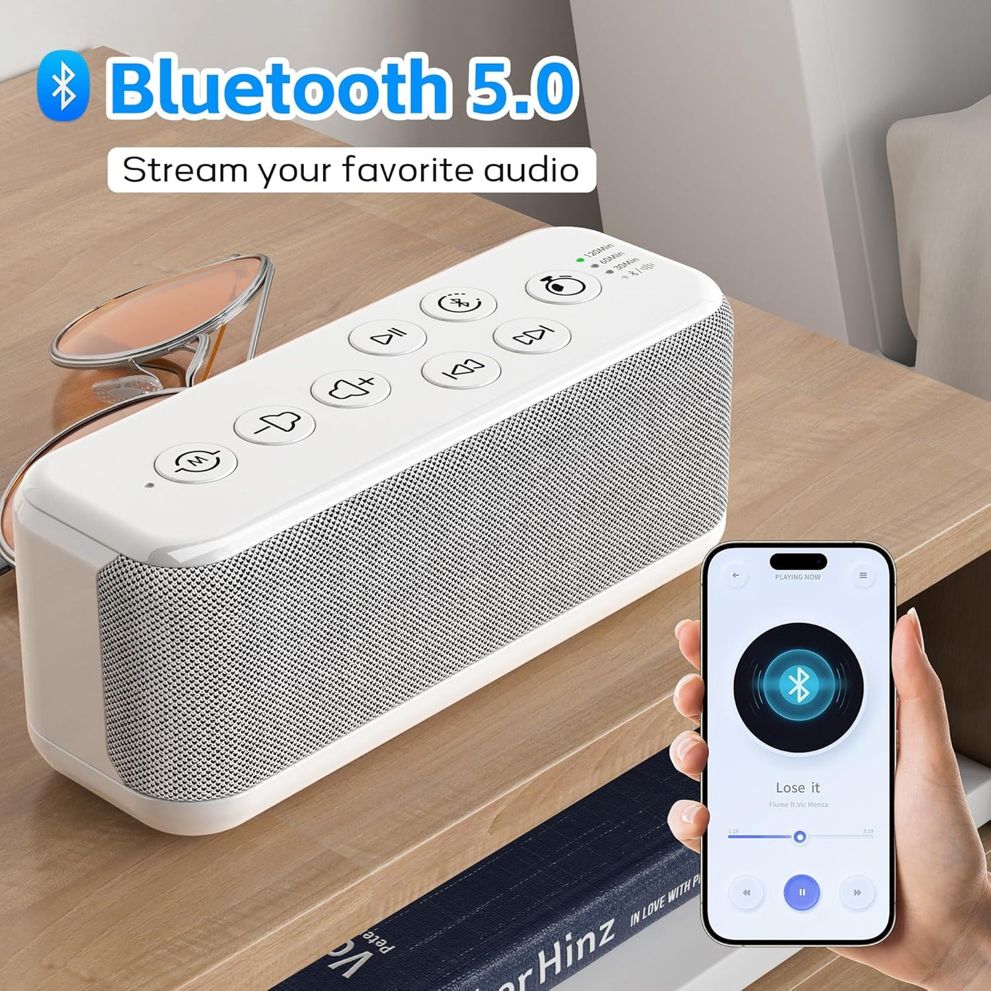 White Noise Sound Machine with 3000mAh Rechargeable Battery - Bluetooth Sleep Sound Machine with 15 Soothing Sounds, Auto-Off Timer & Headphone Jack, Portable Sound Machine for Adults, Baby & Home Use