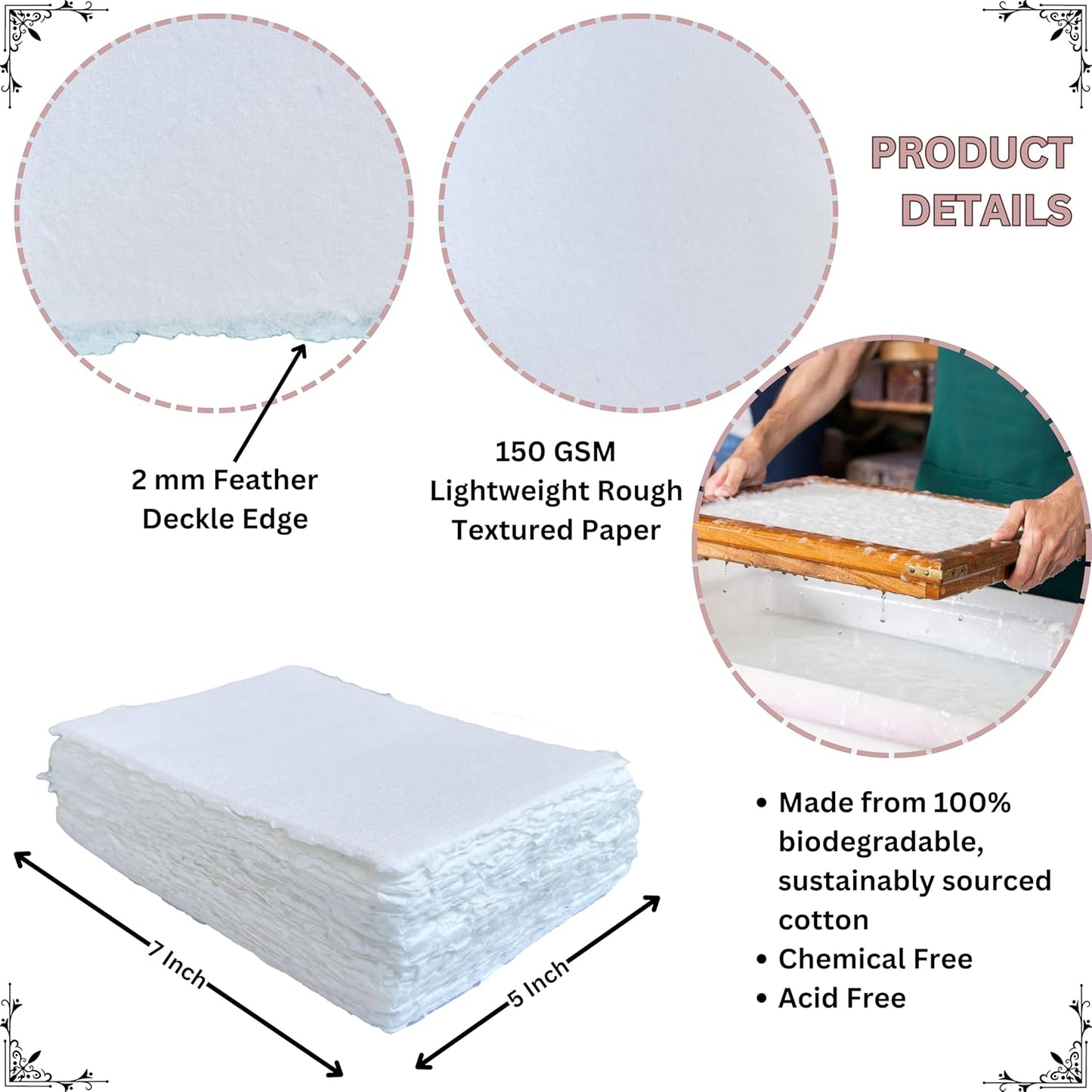 Handmade White Deckle Edge Blank Paper - 5x7 Inch Package of 50 - Mixed Media Loose Leaf Paper for Postcards, Invitations, Crafts and Announcements - Thick 150 GSM