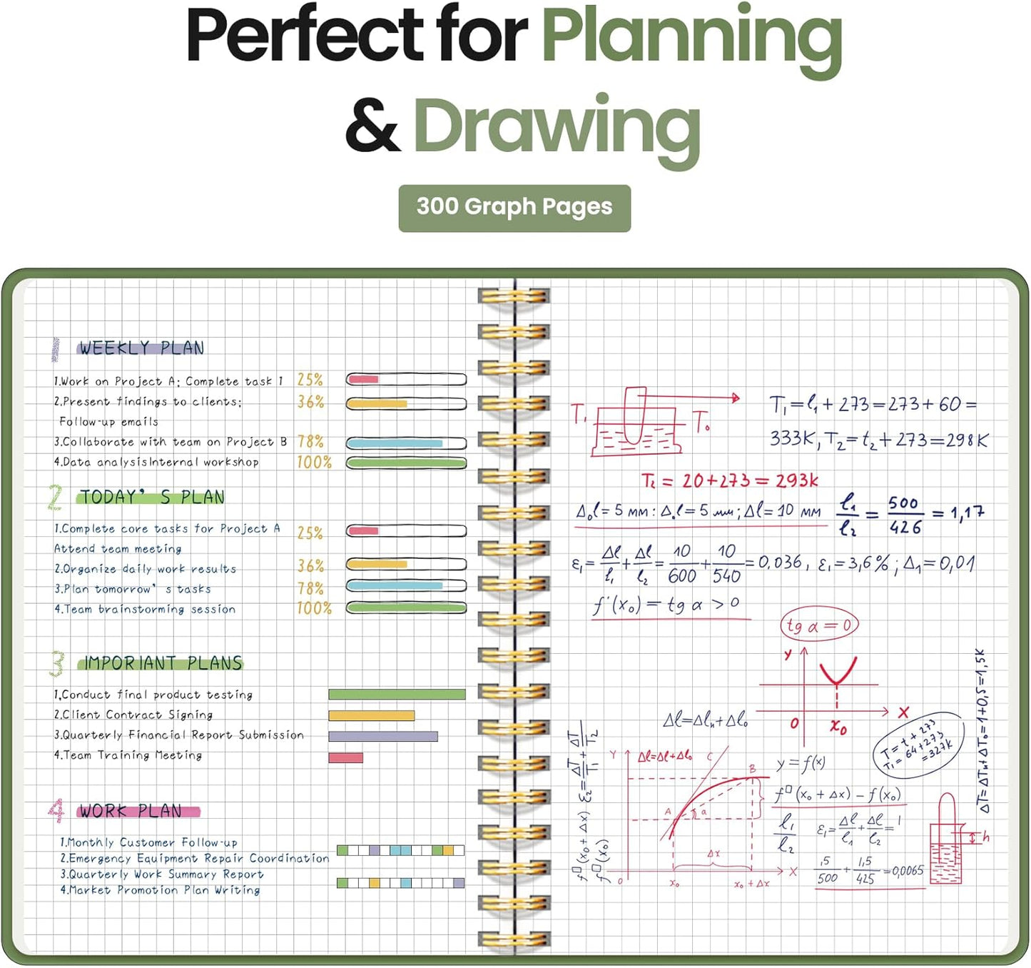 Spiral Graph Paper Notebook Journal for Work, 300 Pages, Thick B5 (7.1"x10") Grid Journals for Women & Writing, Hardcover Notebook for Note Taking, Perfect for Work School Note Taking Business, Green