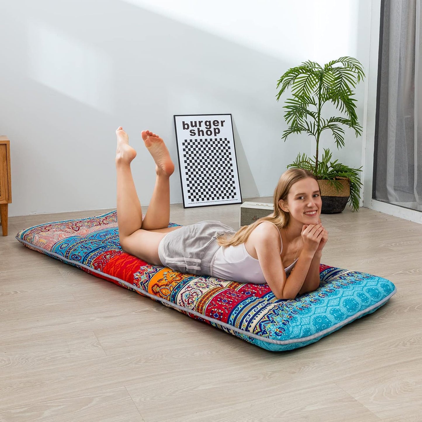 MAXYOYO Cot Mattress Bohemian Floor Bed, Japanese Floor Mattress Narrow Twin Futon Single Bed for Adults, Foldable Futon Roll Up Mat for Camping
