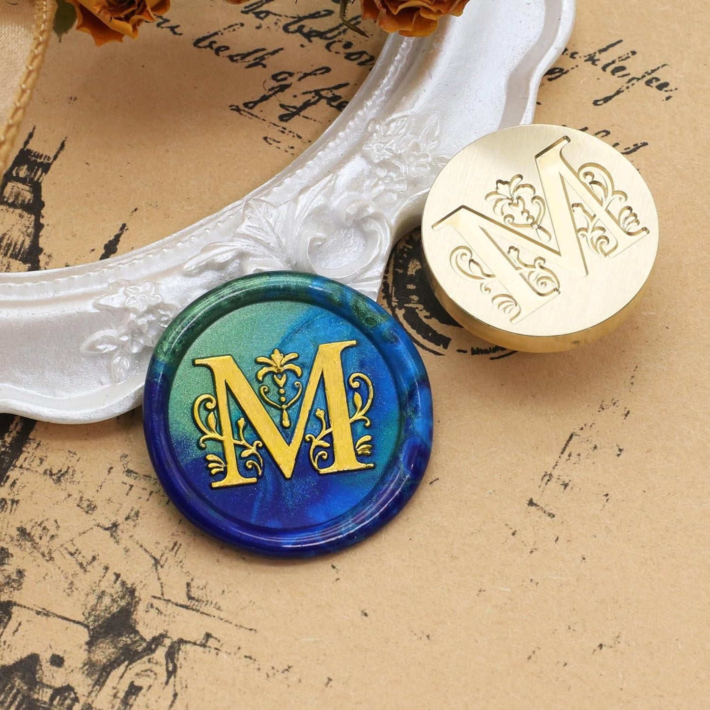 SWANGSA Initial Alphabet M Wax Seal Stamp Kit, Classic Retro Letter Sealing Stamp with 200pcs Sealing Wax Beads Kit for Wedding Invitations Cards Envelopes (M)