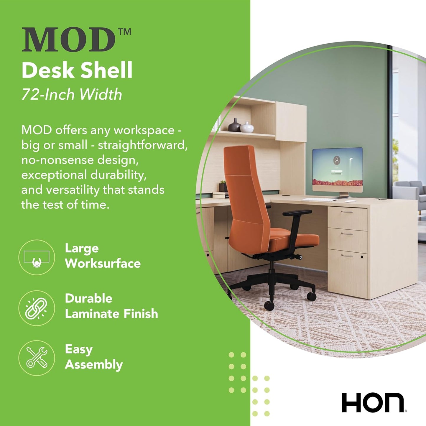 HON MOD Executive Desk 72-Inch Large Computer Desk Shell, Thick Wooden Laminate, Modern Table with Cord Management, 72" W x 30" D x 29" H, Desert Oak