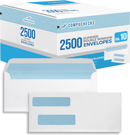 Compuchecks Double Window Envelopes #10- Gummed, Security Business Mailing Envelopes - Tamper Evident, Security Tint - 2500 Count – For Invoices and Legal Documents