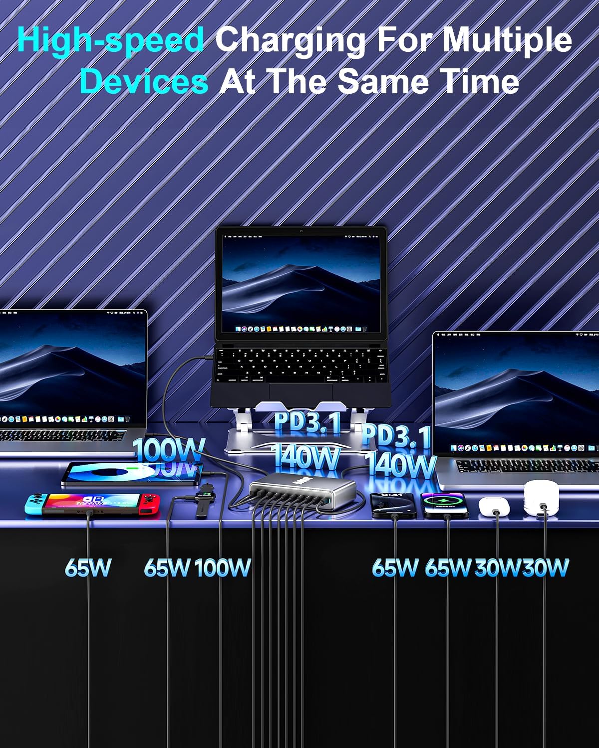 800W USB C Fast Charger Block, 10 Port USB Charging Station, GaN Ⅲ Pro Dual 140W PD PPS Port for Multiple Devices,Laptop Wall Charger Compatible with DELL, HP, MacBook Pro,iPhone 16,Galaxy S24