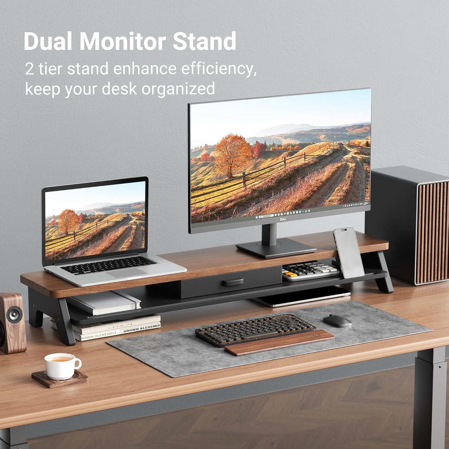 Dual Monitor Stand Riser,LED 2-Tier 39.3 Inch Computer Monitor Stand for 2 Monitors,Office Desktop Organizer with Storage Drawer and Phone Holder for Laptop,PC,Computer,Printer,Walnut