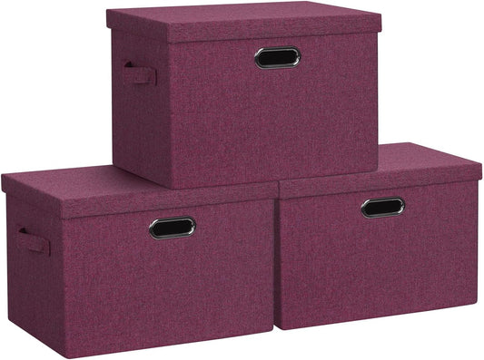 Large 17" 36 Quart Collapsible Stackable Storage Bins with Lids, 3 Packs Purple Linen Fabric Closet Boxes with Lids, Storage Cube Baskets Container Organizers for Bedroom Office (17x12x11)