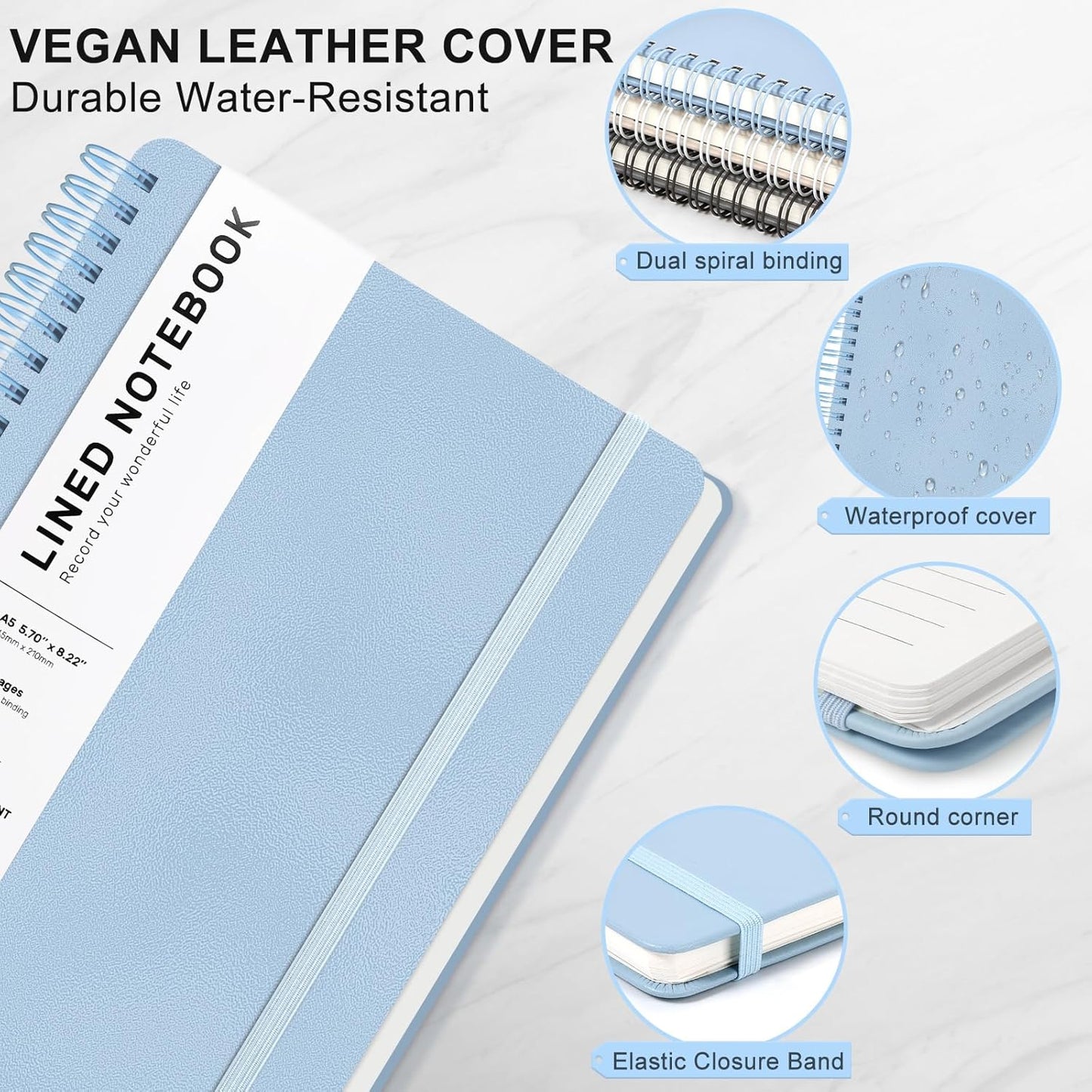 Lined Spiral Journal Notebook, A5 Hardcover Leather Notebook for Work, 5.7''×8.2'', 100GSM Thick Paper Spiral Bound Journaling Notebook for Women Men Office School Note Taking Business, Morandi Blue