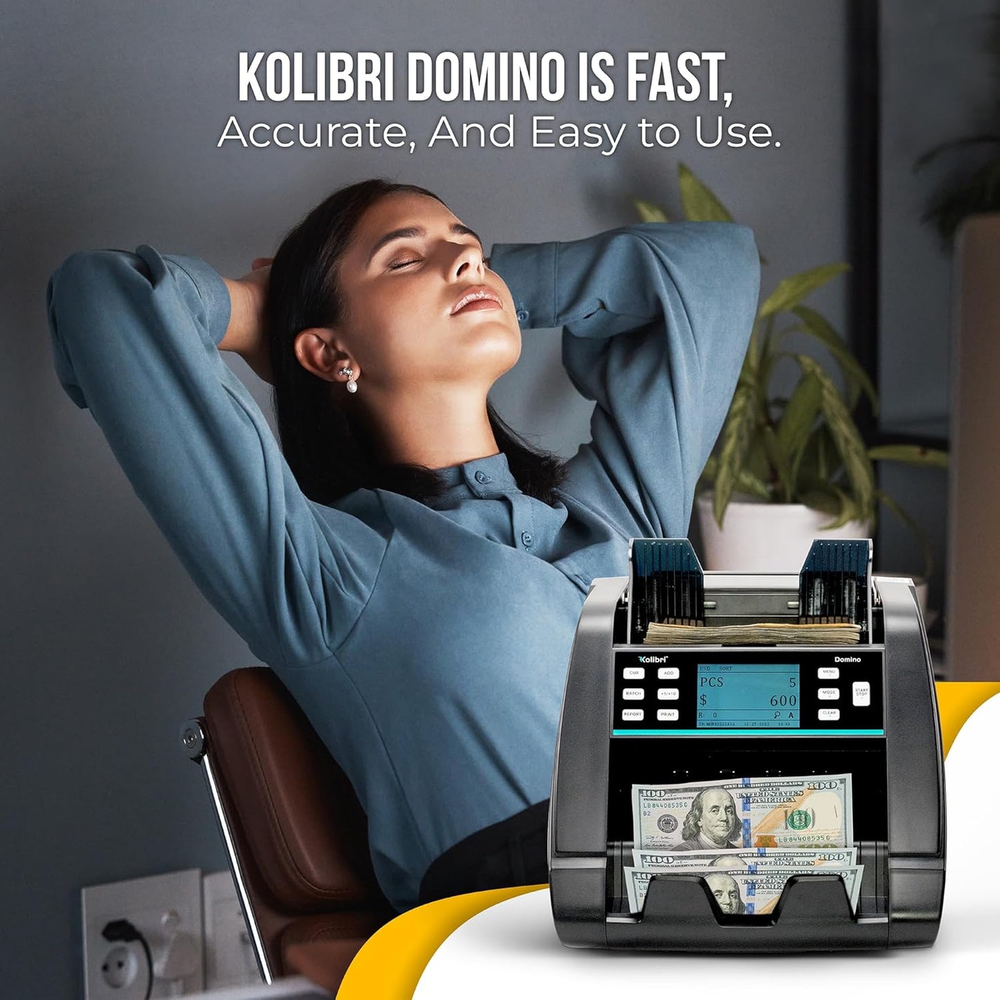 KOLIBRI Money Counter Machine, Domino Mixed Value Cash | 2 CIS UV/MG IR/MT SN/DV IRT Fake Detections Money Counting Machine | 3-Year Warranty (US Tech Support)