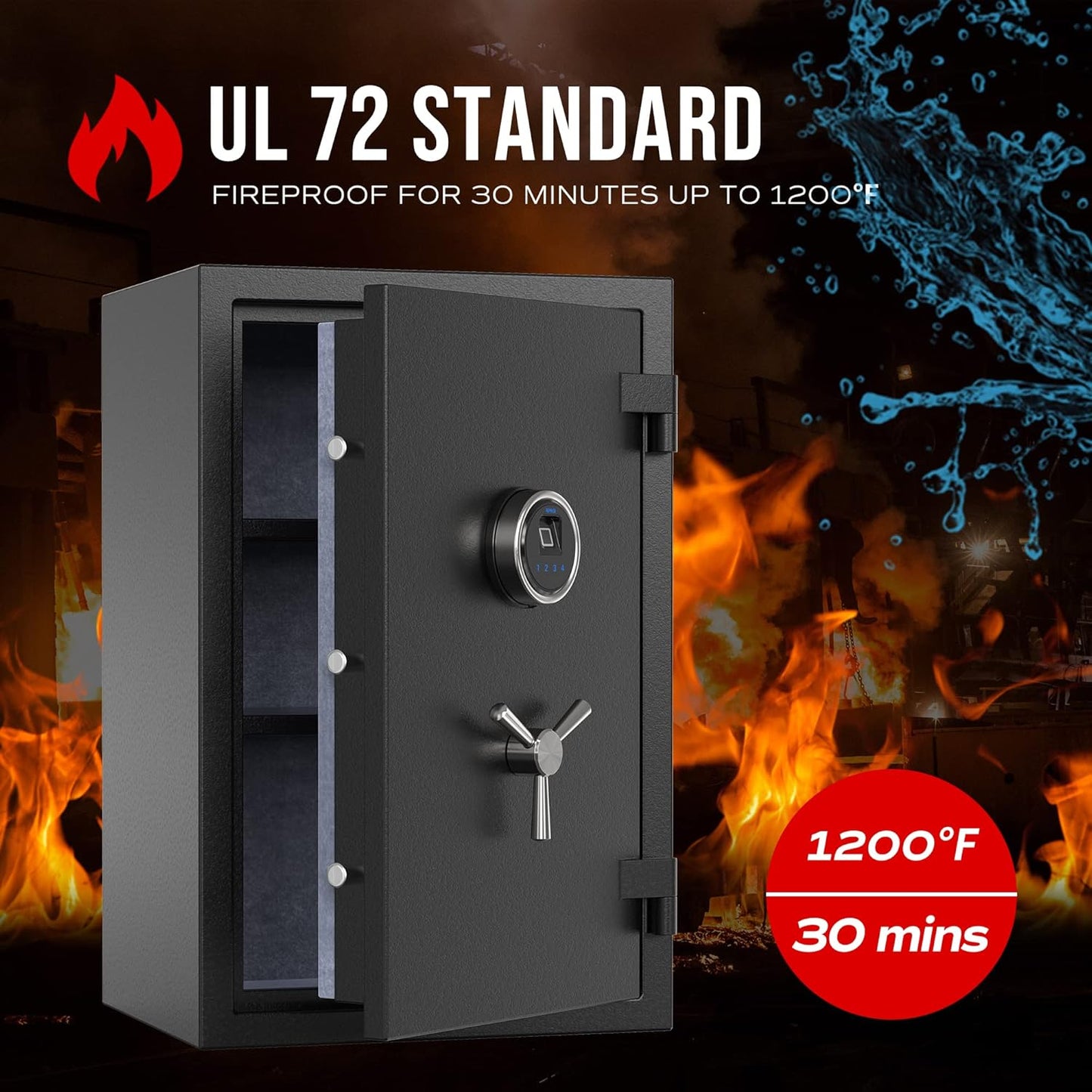 RPNB Biometric Fingerprint Fireproof Safe Box,Digital Fire Proof Safe with 3 Spoke Handle,Touch Screen and Removable Shelf,Fireproof Home Safes for Money Documents Jewelry and More,2.12 Cubic Feet