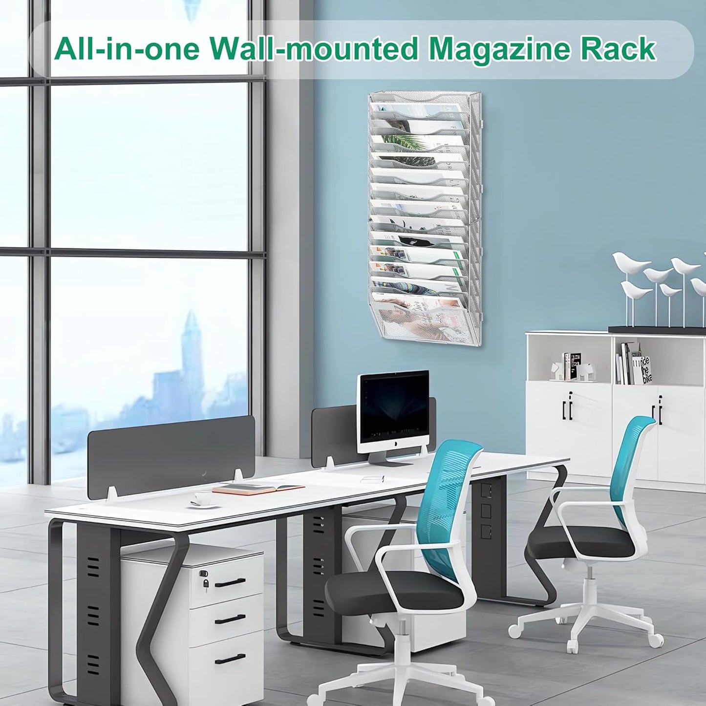 14-Pocket Wall File Organizer, Hanging Mail Organizer Wall Mounted Paper Document Holder, Metal Clipboard Storage Basket for Office Home School Organization, Silver