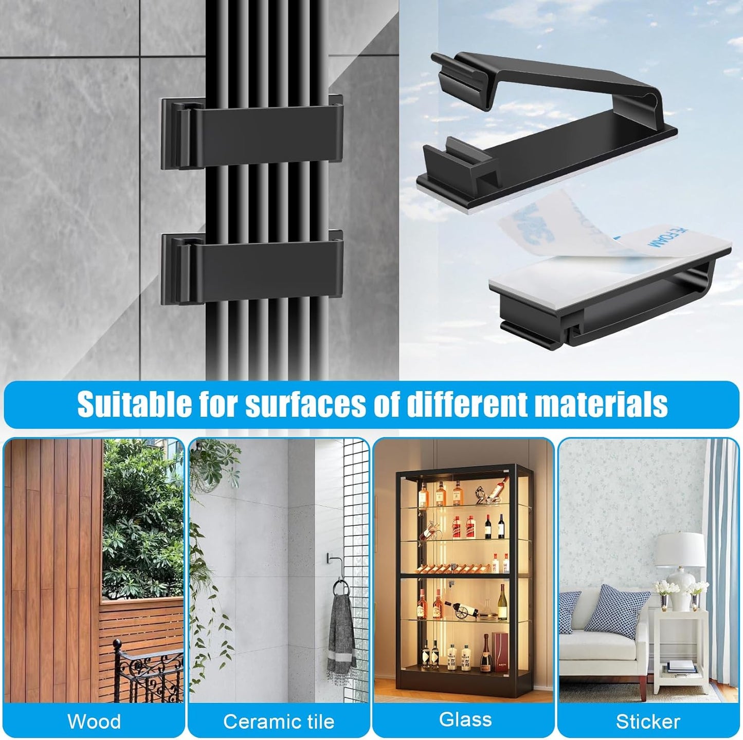 XHF 100 PCS Self Adhesive Cable Clips(L) Black,Wire Clips Cable Management Wire Organizer Cord Holder for Under Desk, Car, Wall, TV PC Ethernet Cable