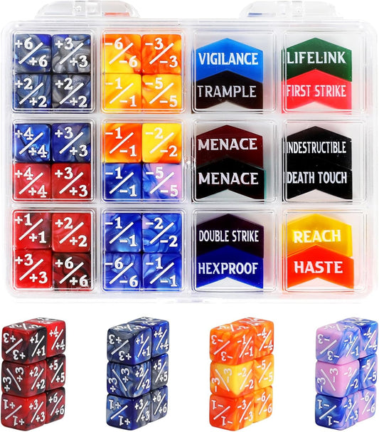 48PCS MTG Tokens & 12mm Dice Counter with Box, MTG Abilities Keyword Buff Tokens Life Counters Loyalty Dice for Magic The Gatering TCG Card Gaming Accessories CCG Creature Stats