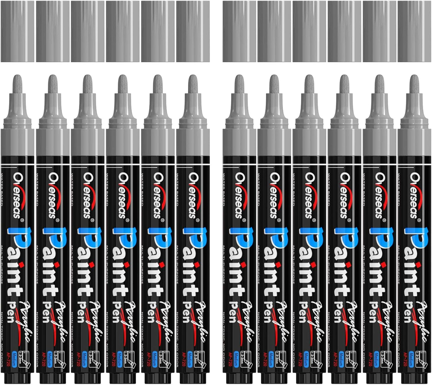 Overseas Silver Paint Pens Paint Markers - Permanent Acrylic Markers 12 Pack, Water-Based, Quick Dry, Waterproof Marker Pen for Rock, Wood, Plastic, Metal, Canvas, Glass, Mugs. Medium Tip