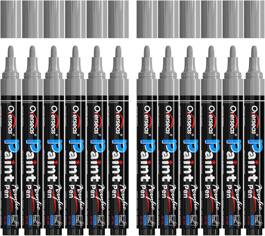 Overseas Silver Paint Pens Paint Markers - Permanent Acrylic Markers 12 Pack, Water-Based, Quick Dry, Waterproof Marker Pen for Rock, Wood, Plastic, Metal, Canvas, Glass, Mugs. Medium Tip