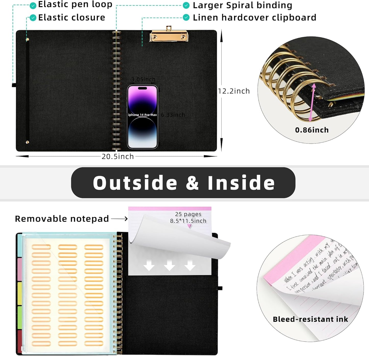Ospelelf Black Foldable Spiral Clipboard Folio with Storage Zipper Pouch, 5 Plastic Folders with 10 Pockets,Refillable Lined Notepad (11" x 8.5"), Hardcover Project Organizer with 39 Stickers