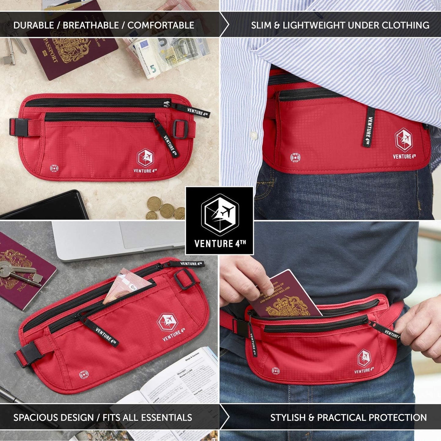VENTURE 4TH Travel Money Belt - Slim Passport Holder RFID Blocking Travel Pouch to Protect Cash, Credit Cards and Travel Documents (Red)