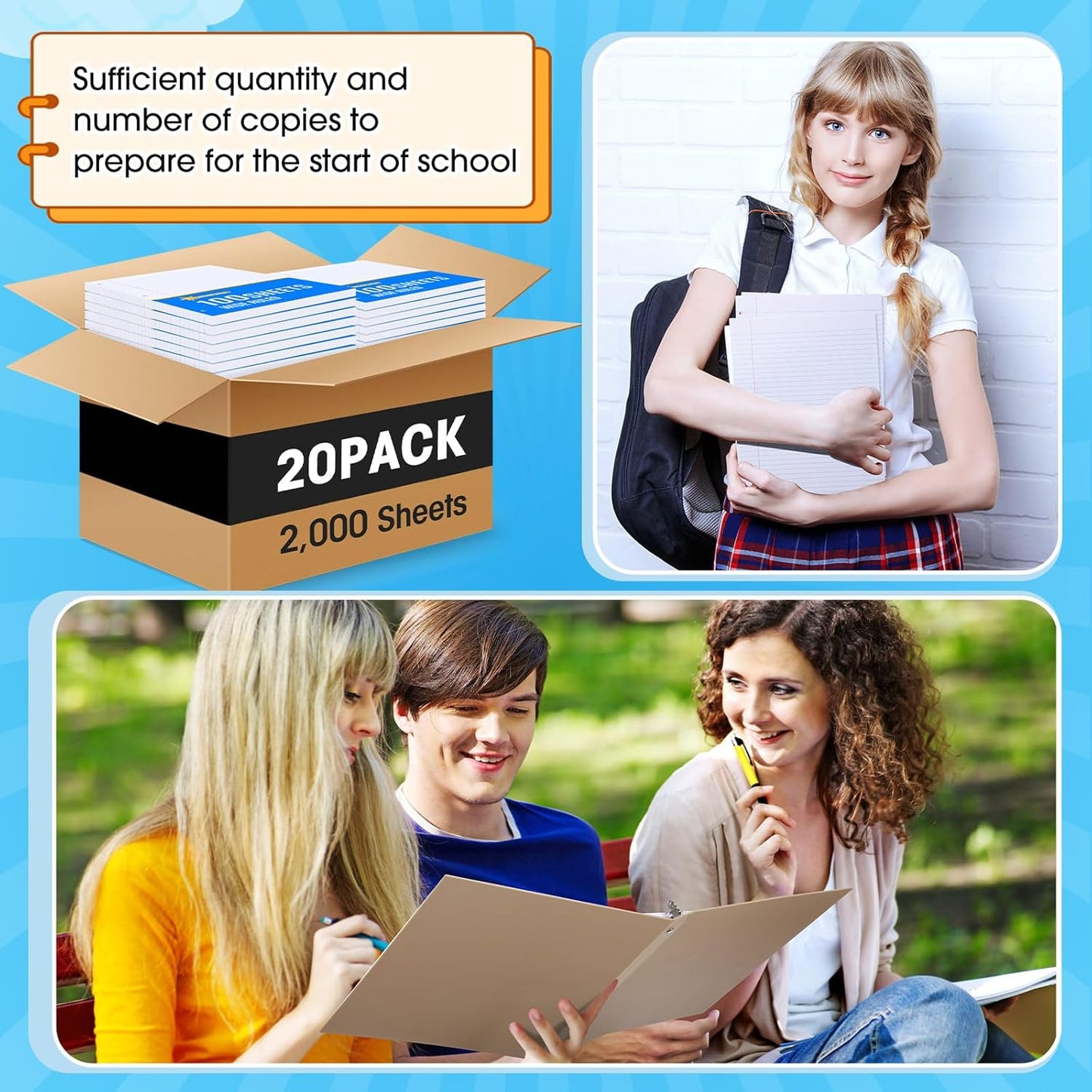 Fainne 20 Pack Notebook Paper Bulk Wide Ruled 8 x 10.5'' Wide Ruled Loose Leaf Notebook Paper Lined Filler for 3 Ring Binders for Office Notes Writing Binder Refill 100 Sheets Per Pack