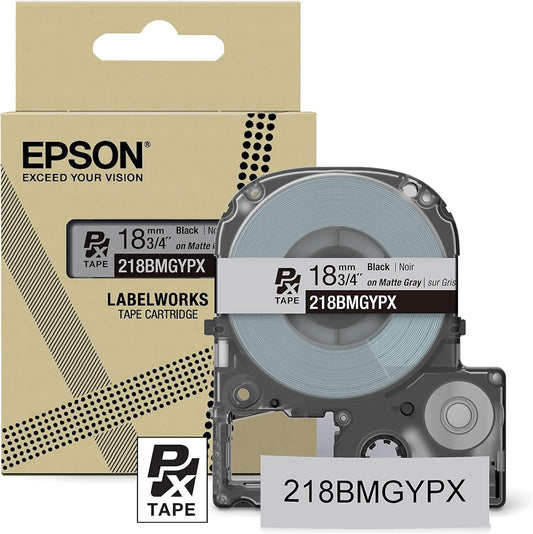 Epson LABELWORKS 218BMGYPX Genuine PET (Polyester) Tape Cartridge - Black on Matte Light Gray Designer Craft Label Maker Tape - 3/4" (18MM) Wide, 26'