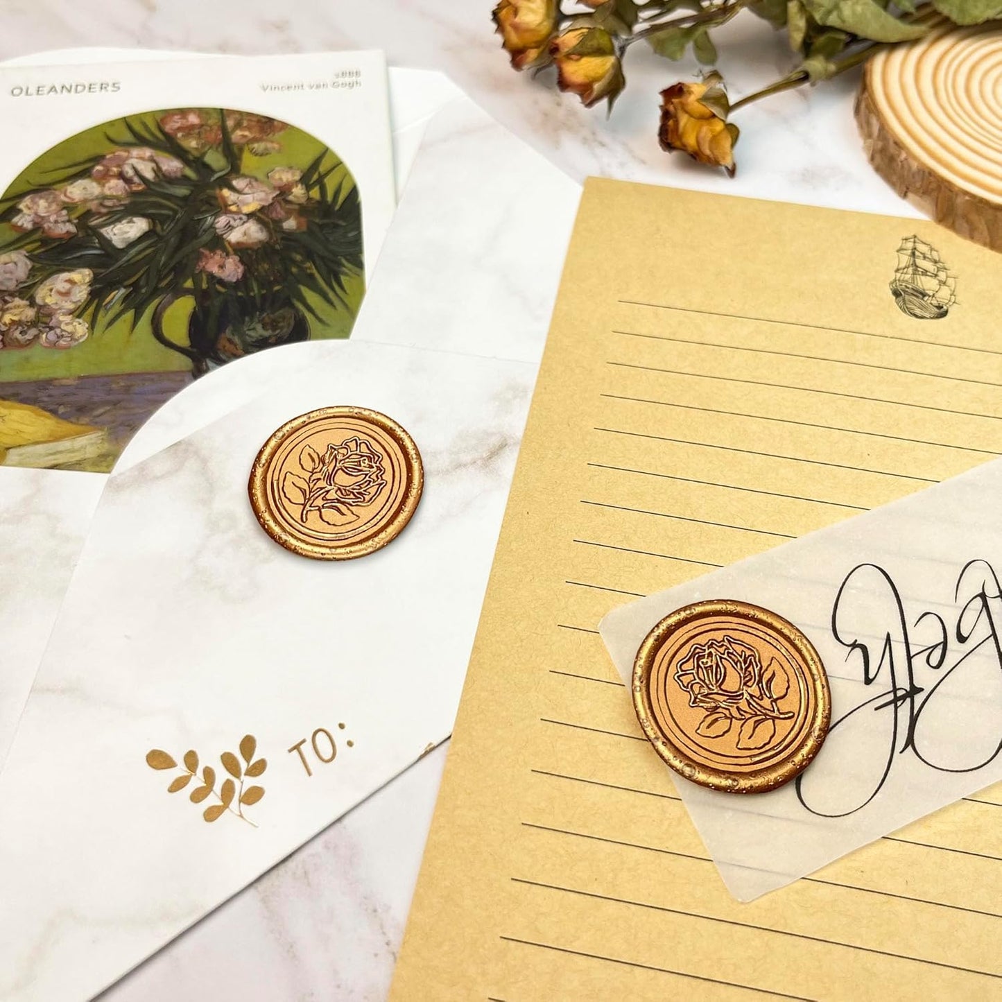 50Pcs Wax Seal Stickers Handmade Envelope Seals Self Adhesive Wax Stickers for Wedding Party Invitations, Envelope, Gift Wrap, Christmas(Rose Style, Antique Gold)