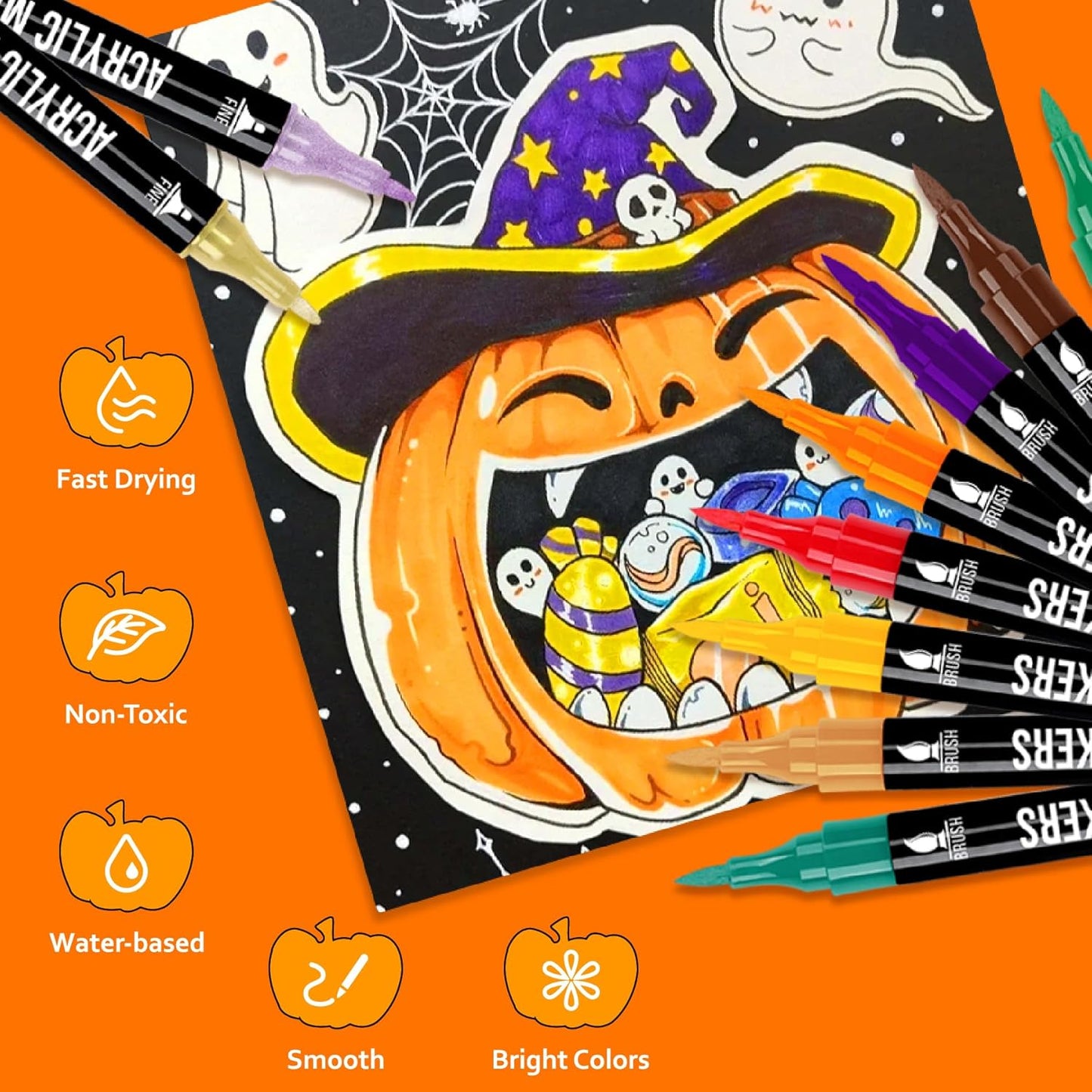 24 Colors Acrylic Paint Markers, Dual Tip with Fine Tip and Brush Tip Pens for Stone, Wood, Calligraphy, Canvas, Ceramic, Metal, Glass, Rock Painting, DIY Crafts Art Supplies Kit