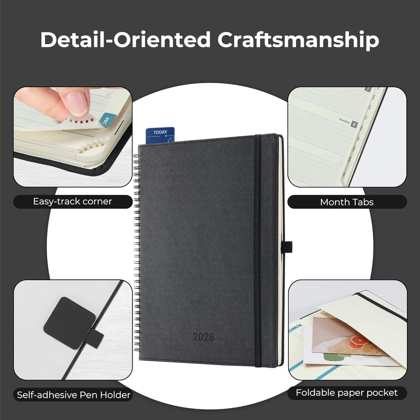 Planner 2026 Daily Weekly and Monthly,11.5"x8.5",12 Months Spiral Bound Calendar Agenda with Self-adhesive Pen Holder,2026 Appointment Book with Vegan Leather Soft Cover,Black