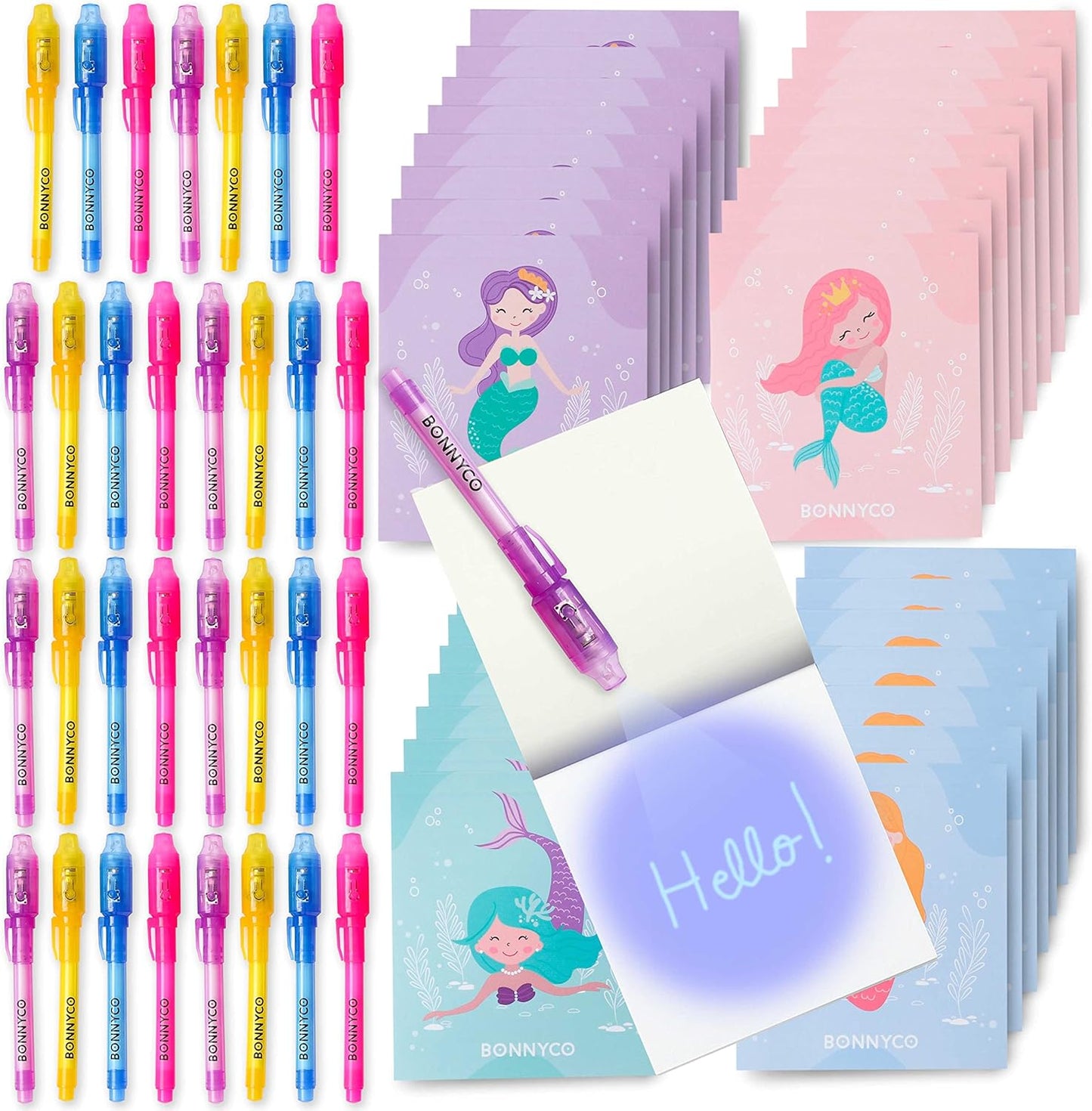 BONNYCO Invisible Ink Pen and Notebook Pack of 32 Mermaid Party Favors for Kids | Spy Pen Mermaid Party Supplies, Prizes for Kids | Magic Pen Mermaid Birthday Party Favors, Prizes for Students