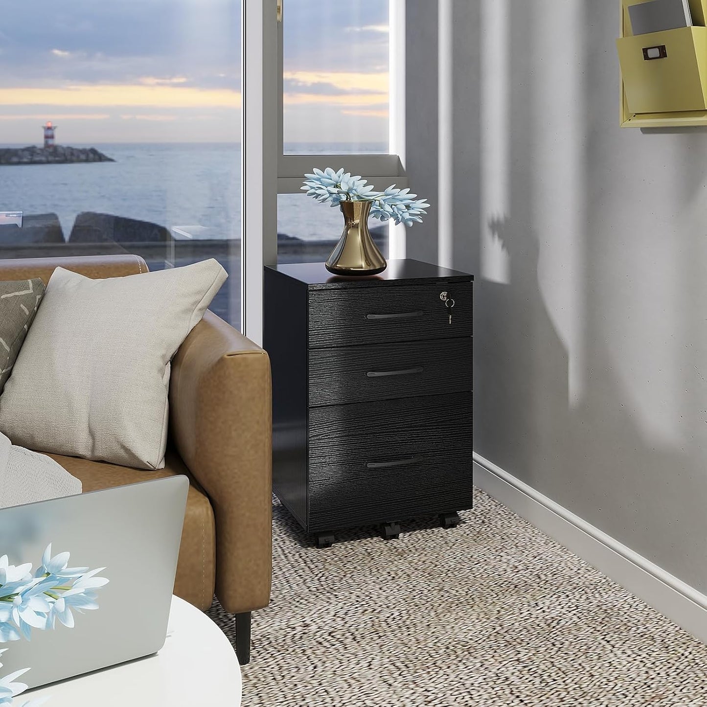 File Cabinet with Lock,3 Drawer Wood Rolling Filing Cabinets Under Desk for Home Office, Office Storage Cabinet fits Letter/A4 Size,Mobile Filing Cabinet Printer Stand,Black