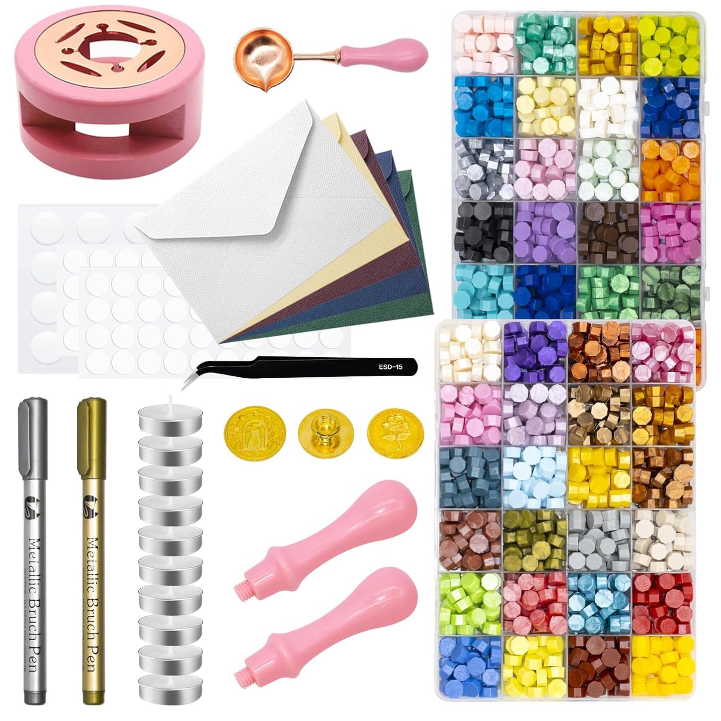 1551Pcs Wax Seal Stamp Kit Contains 48 Colors Sealing Wax Beads, Wax Seal Stamps, Sealing Wax Warmer, Silicone Wax Seal Mat, Metallic Pen, Envelope for Adhesive Waxing DIY Craft Gift