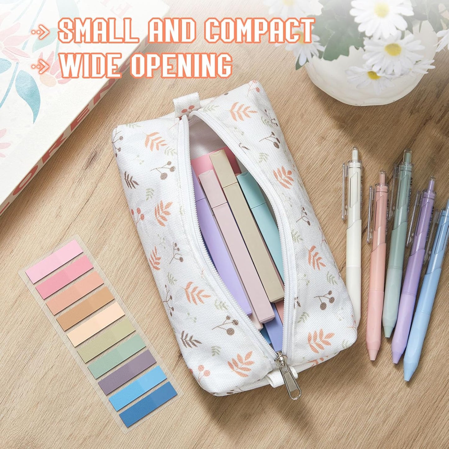 Jutom 39 Pcs Aesthetic Book Annotation Kit Highlighter with Pencil Case Bag Gel Pen Transparent Sticky Note Taking Bible Study College School Supplies(Beige,Floral Style)