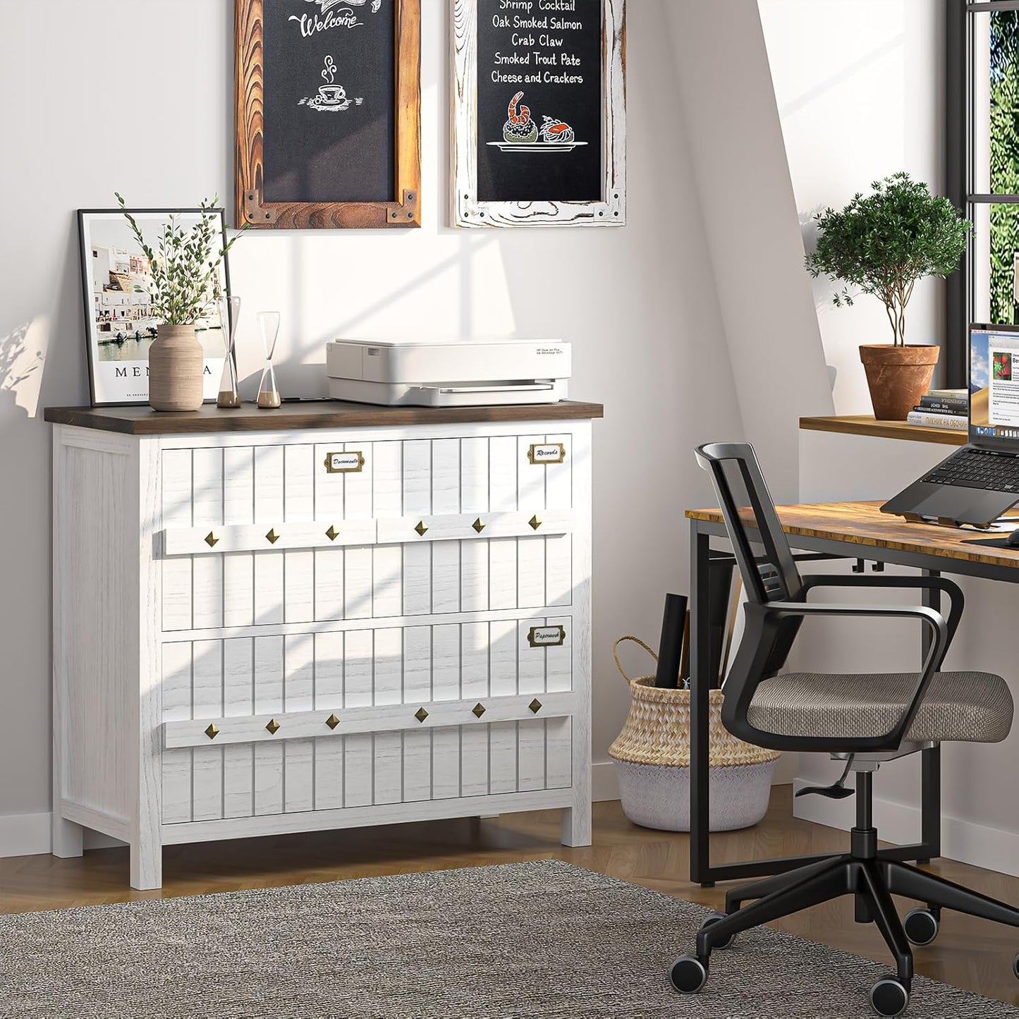 TVU Farmhouse 3 Drawer File Cabinet with Charging Station, Solid Lateral Filing Cabinet for Home Office, Office Organizer for Legal/Letter/A4/Folders File - Beside Desk Printer Stand