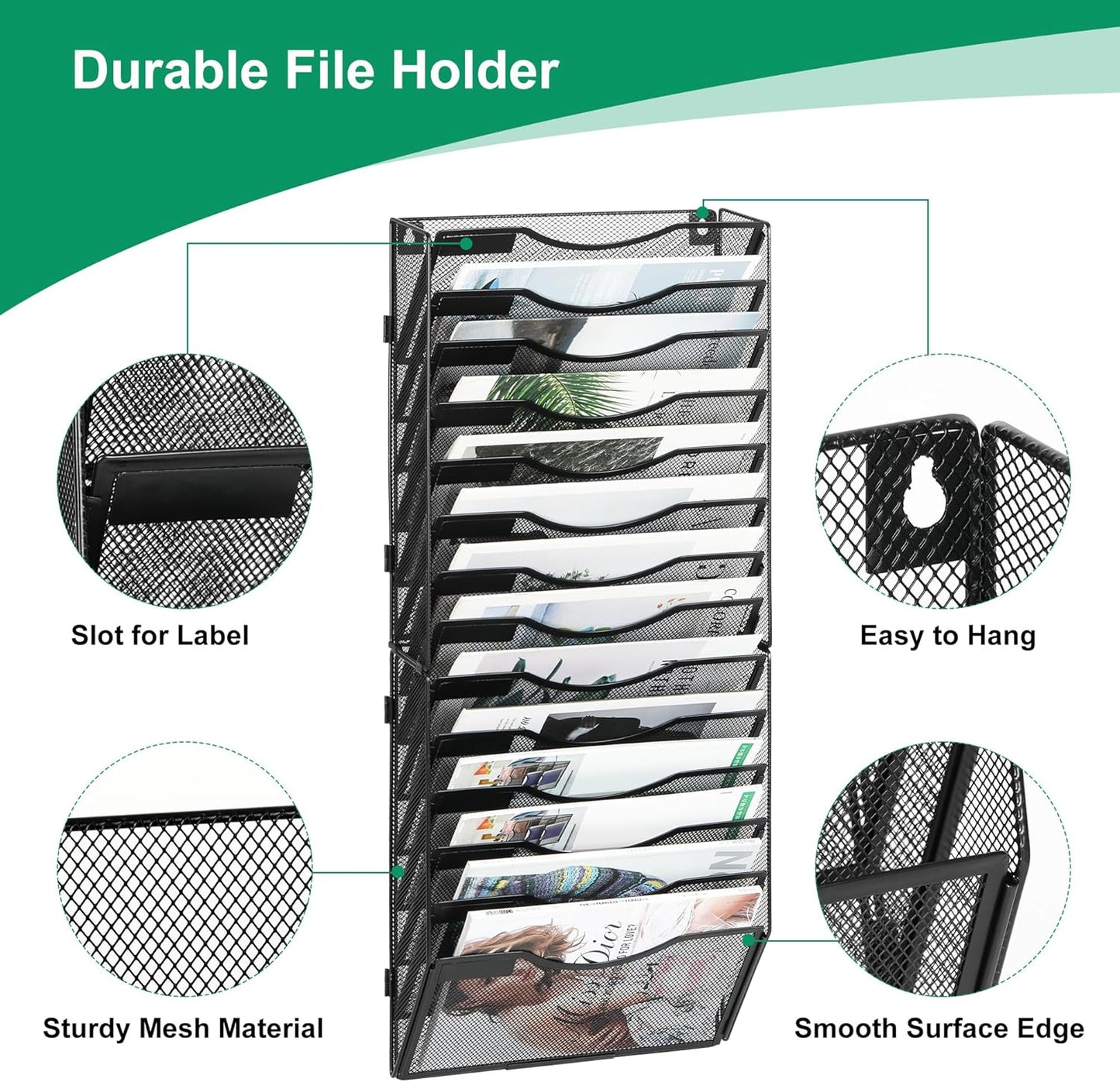 14-Pocket Wall File Organizer, Hanging Mail Organizer Wall Mounted Paper Document Holder, Metal Clipboard Storage Basket for Office Home School Organization, Black