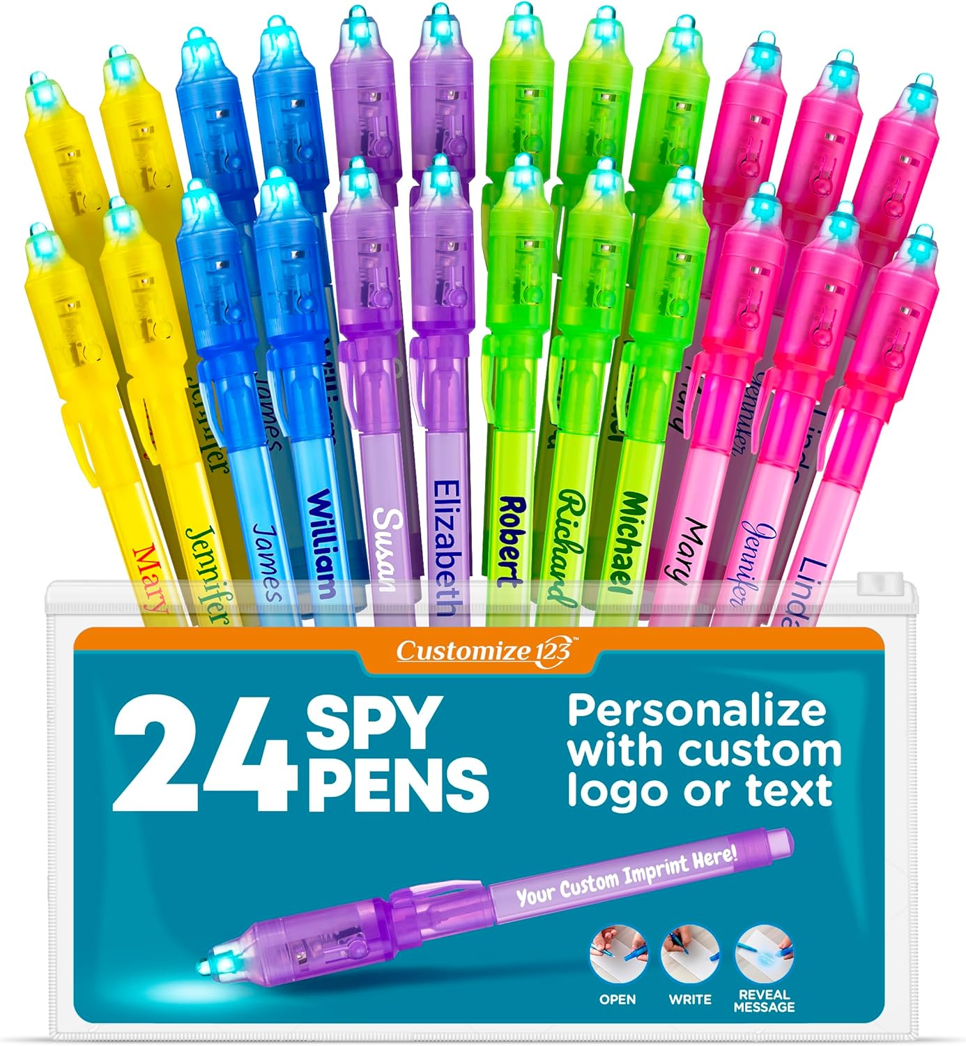 Personalized Invisible Disappearing Ink Pen Marker Pack, Custom Secret Spy Message Writer with UV Light, Fun for Kids Party Favors Gifts and Stock Stuffers, 24 Pack, Assorted