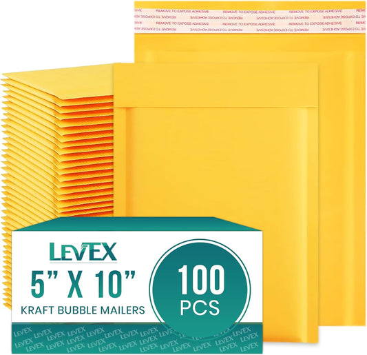 Levex - #00 5" x 10 [100 Pack) Kraft Bubble Mailers, Padded Envelope Mailers, Packing Envelope & Mailing Bags for Shipping